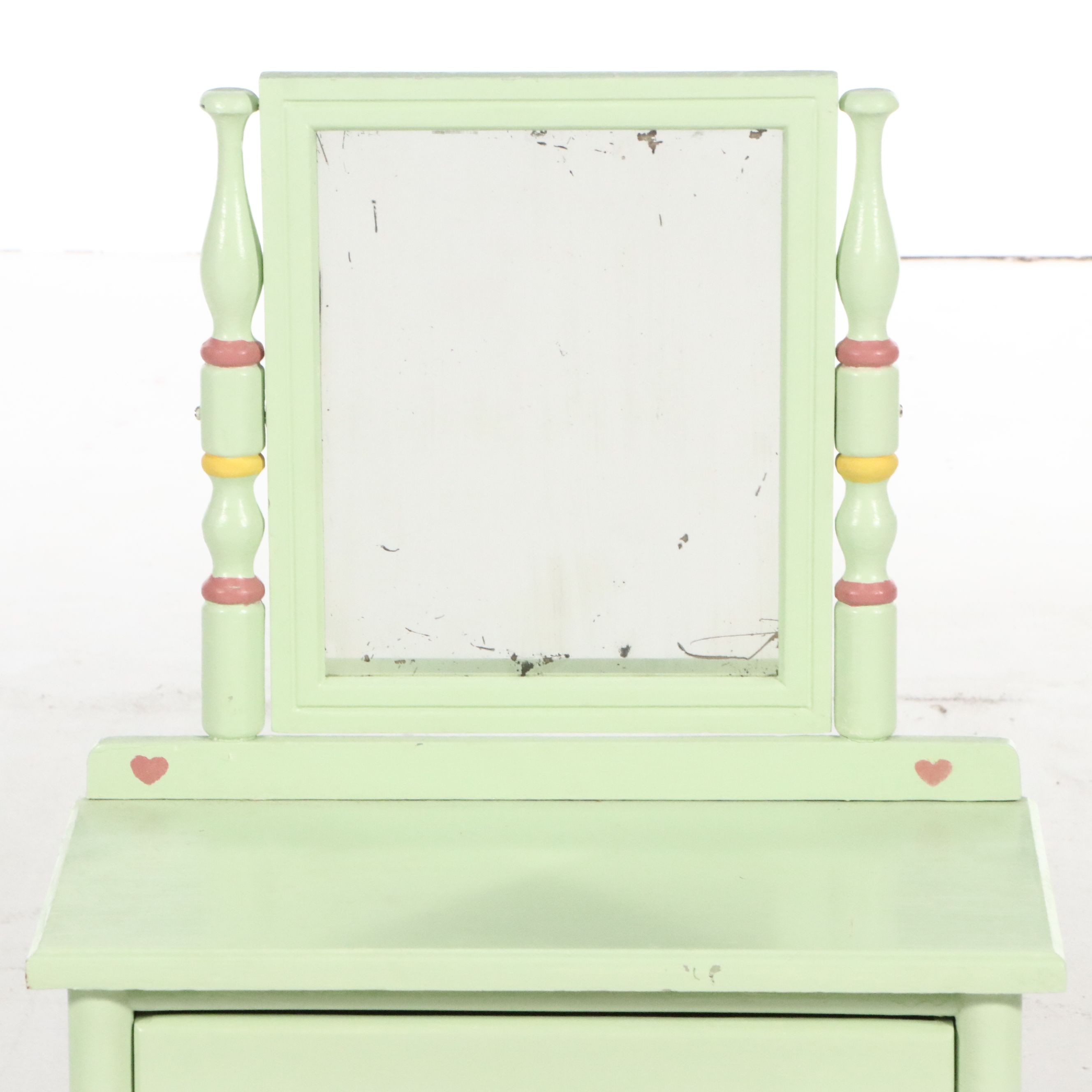 Child-Size Paint-Decorated Wood Vanity with Mirror and Matching Stool