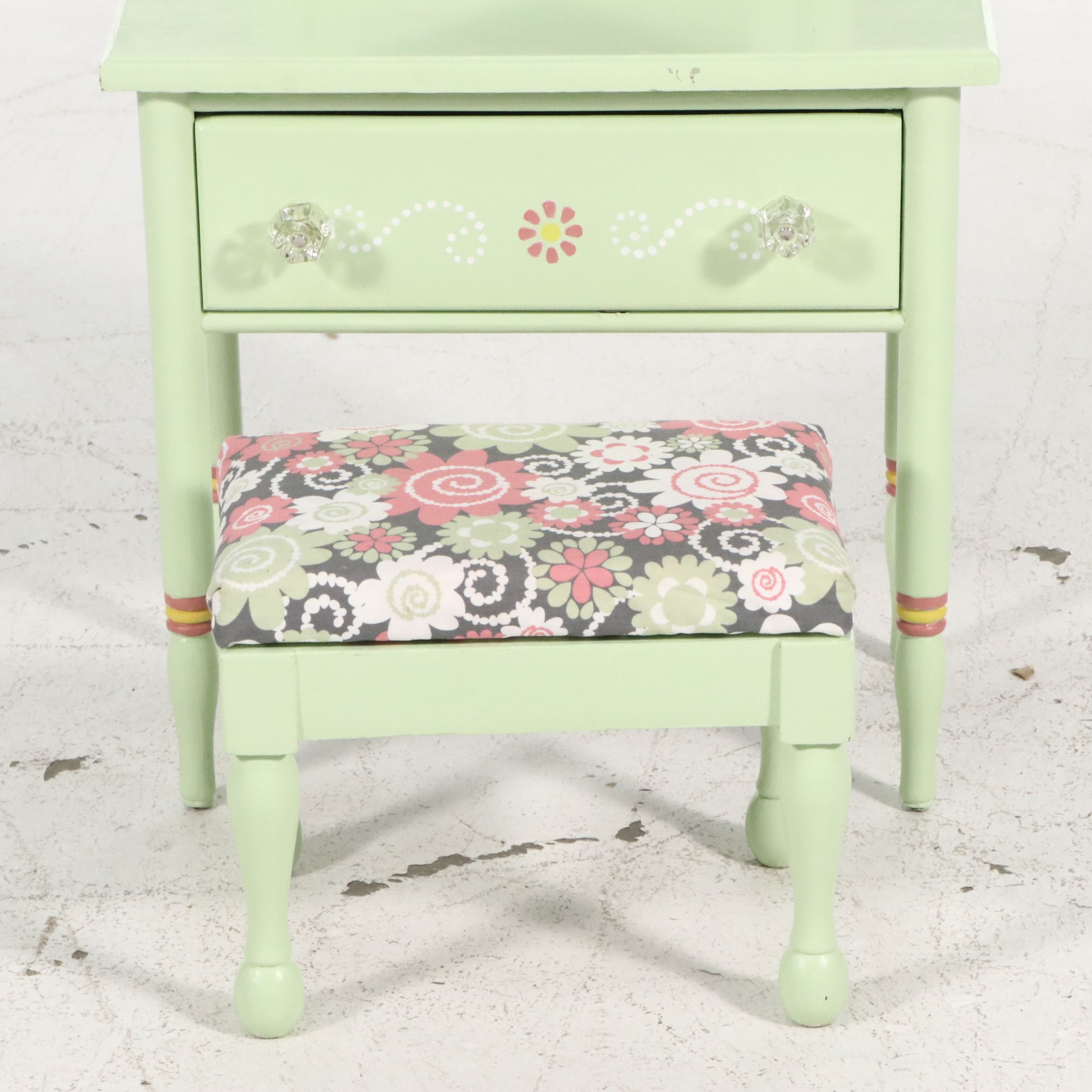 Child-Size Paint-Decorated Wood Vanity with Mirror and Matching Stool