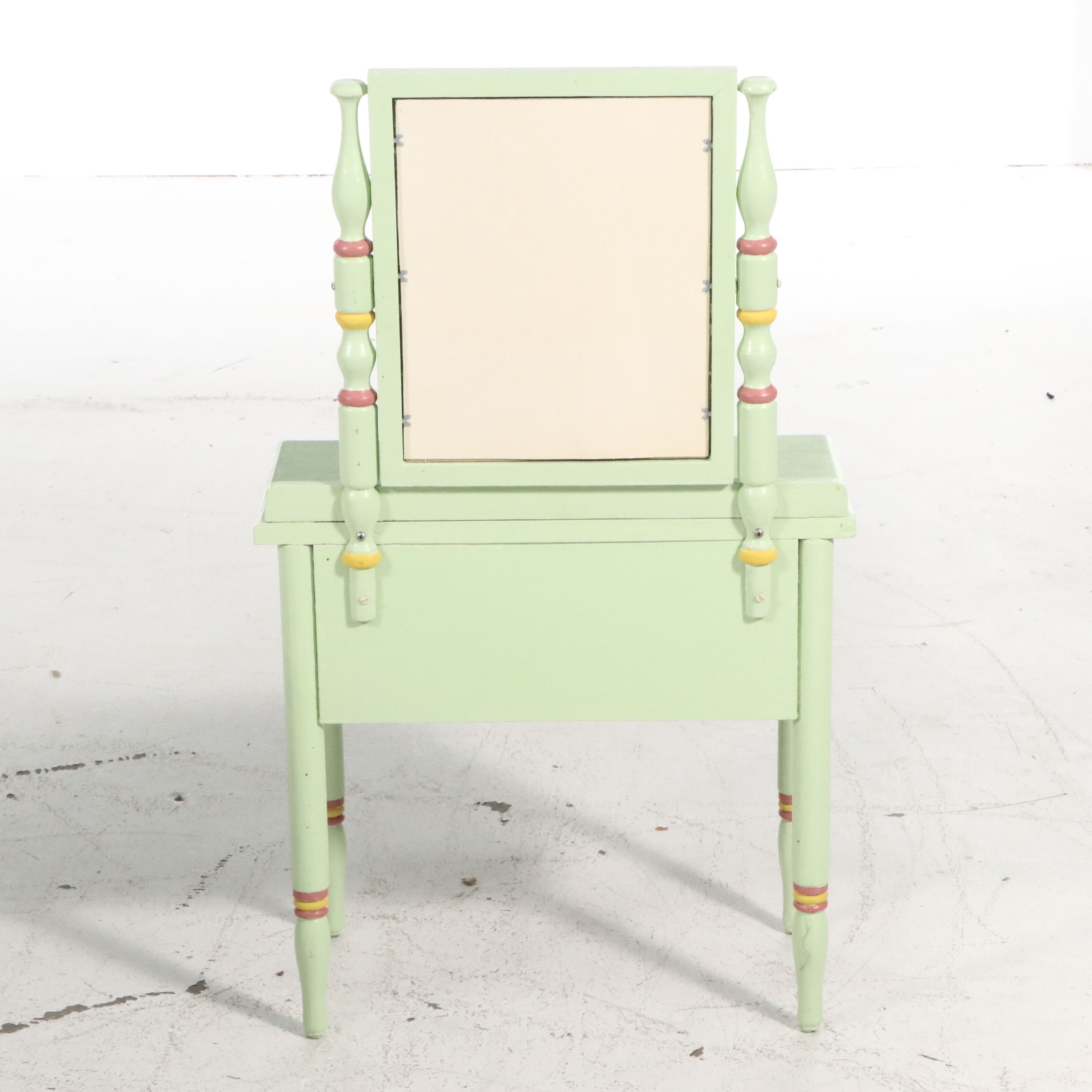 Child-Size Paint-Decorated Wood Vanity with Mirror and Matching Stool