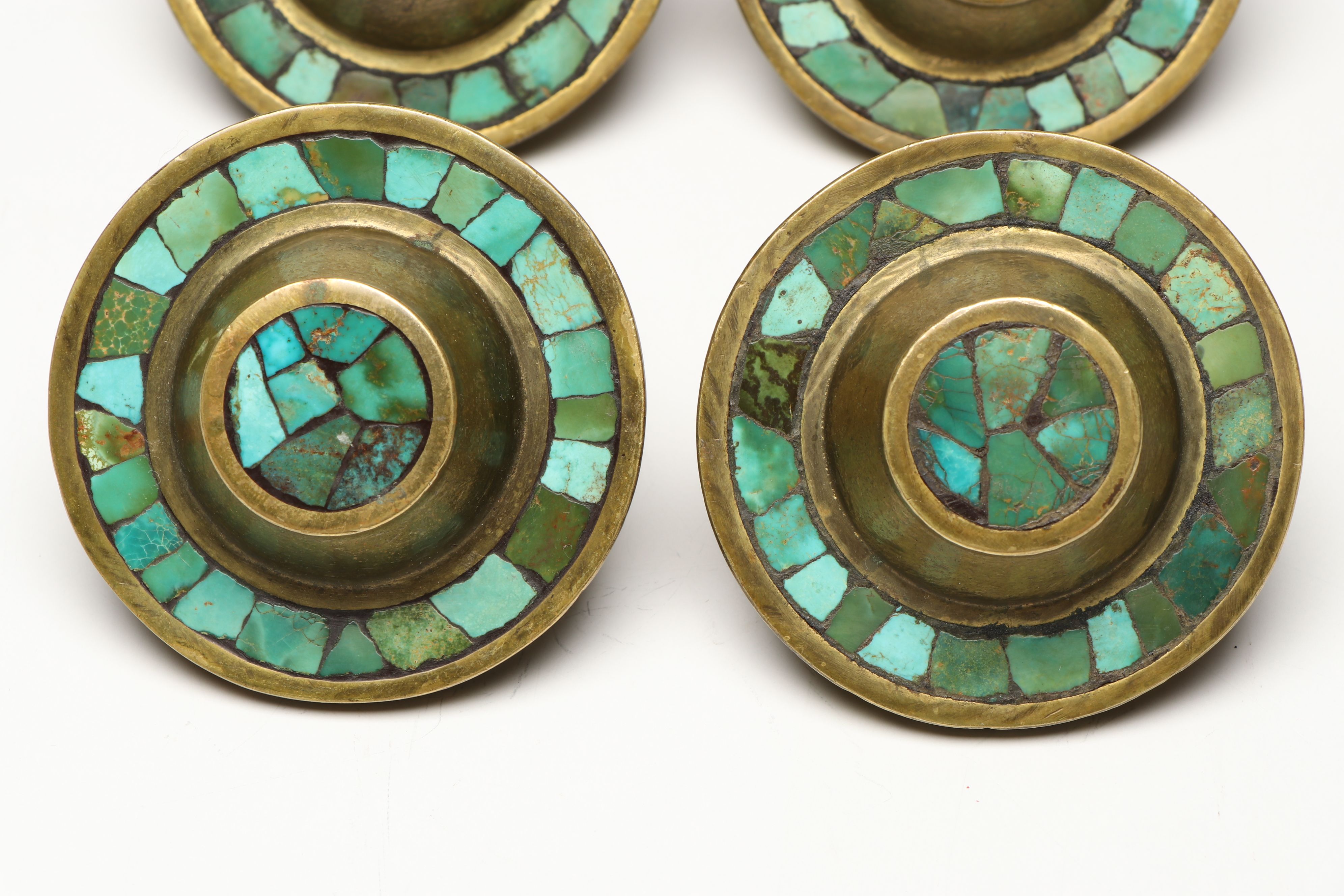 Set of Four Turquoise  Mosaic Brass Cabinet Knobs, Mid to Late 20th Century