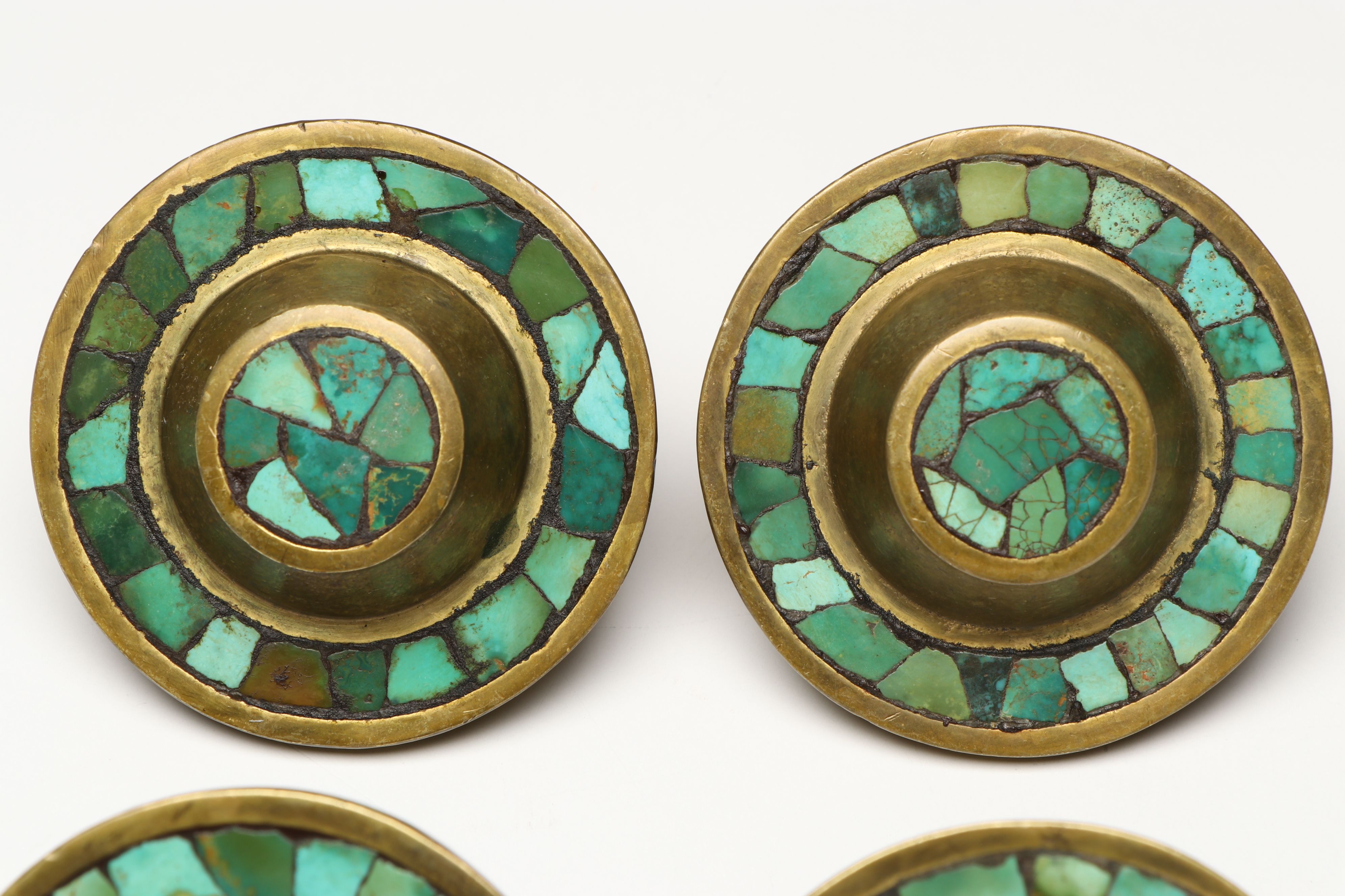Set of Four Turquoise  Mosaic Brass Cabinet Knobs, Mid to Late 20th Century