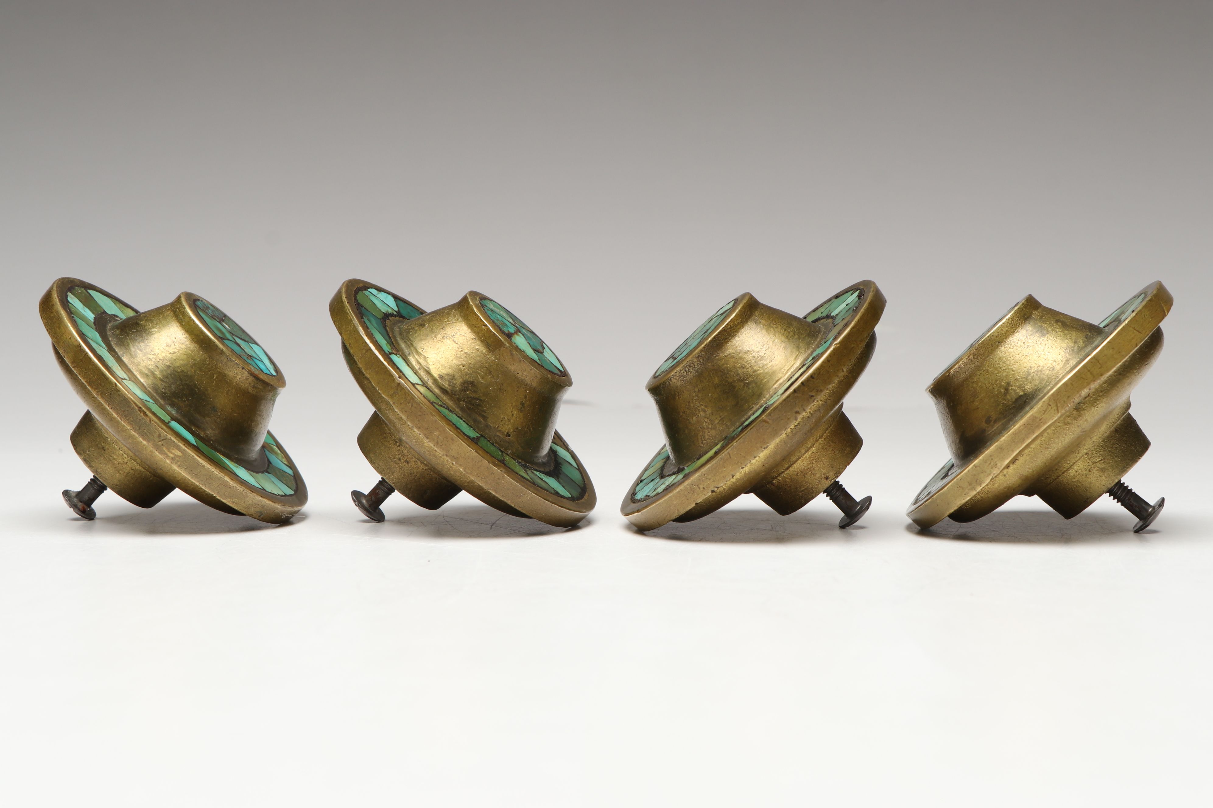 Set of Four Turquoise  Mosaic Brass Cabinet Knobs, Mid to Late 20th Century