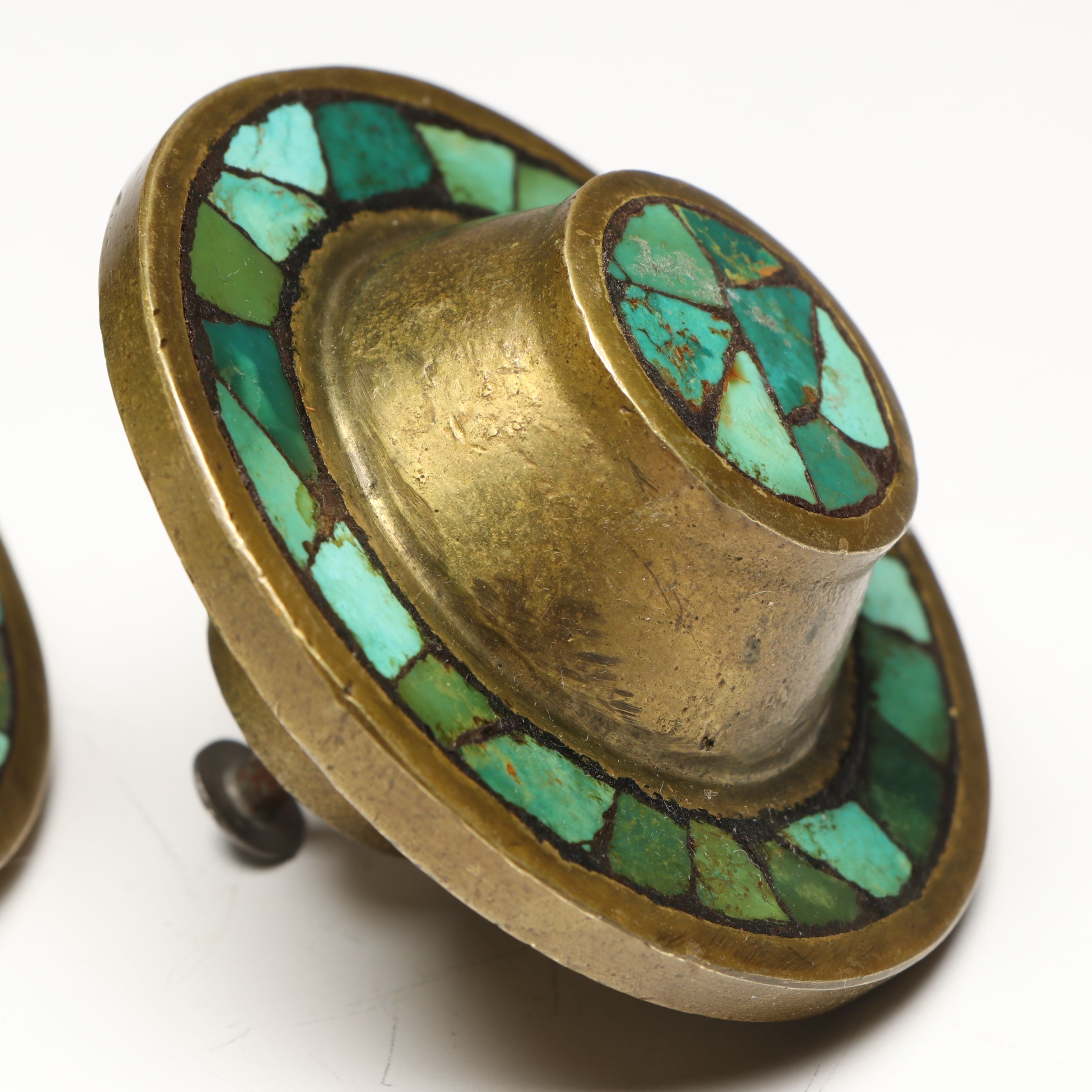 Set of Four Turquoise  Mosaic Brass Cabinet Knobs, Mid to Late 20th Century