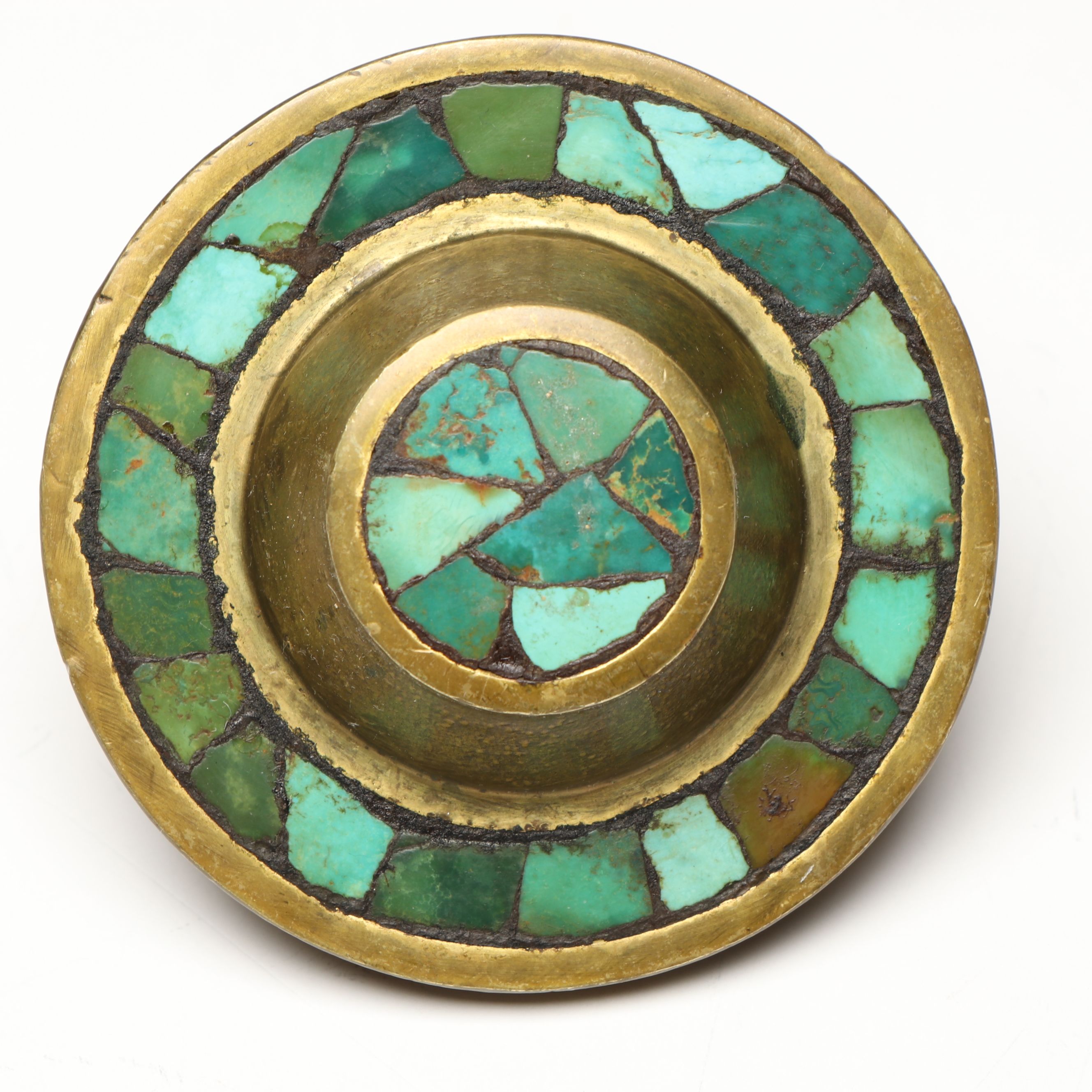 Set of Four Turquoise  Mosaic Brass Cabinet Knobs, Mid to Late 20th Century