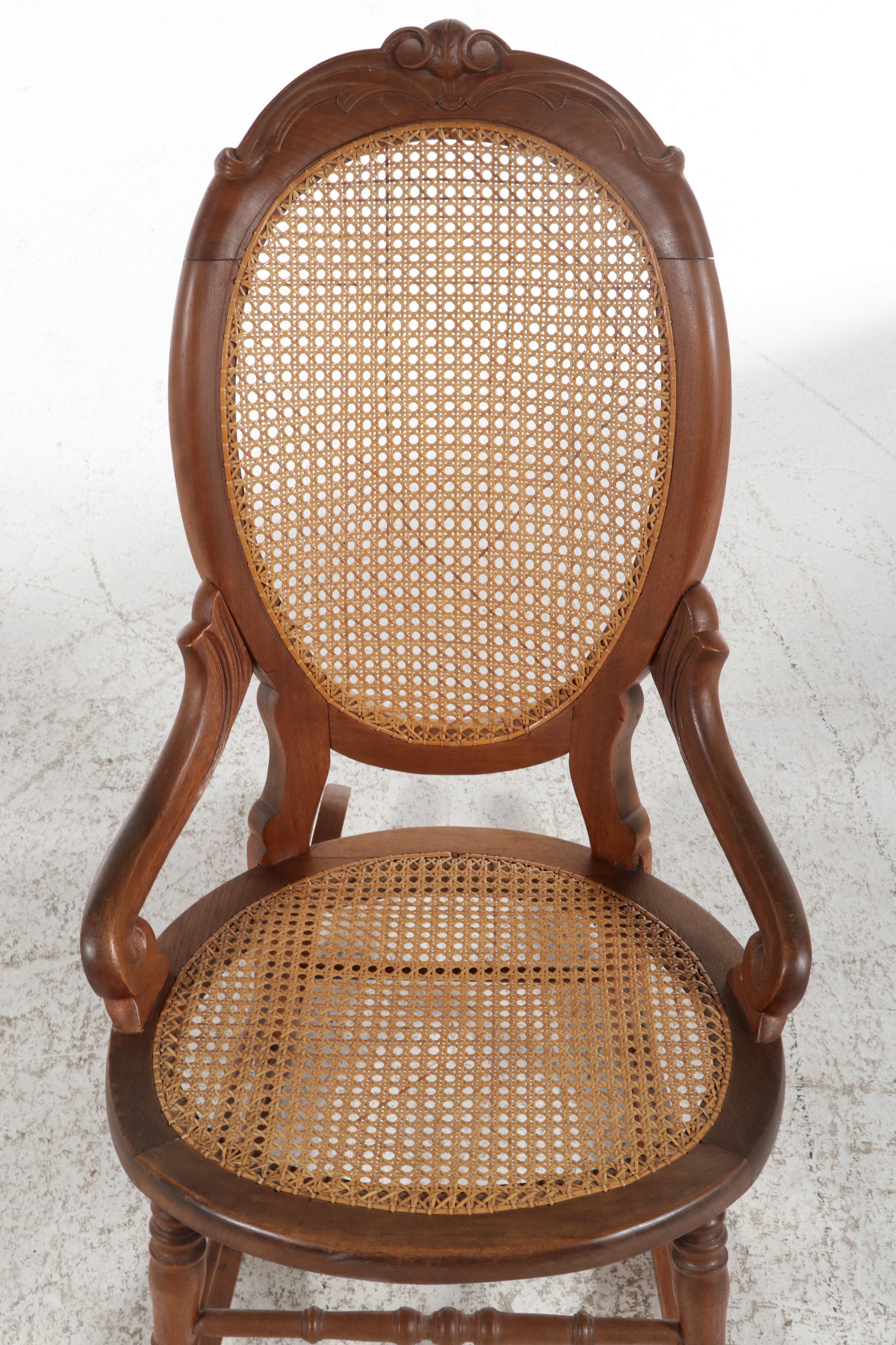 Victorian Walnut Rocking Chair with Caned Seat and Back, Late 19th Century