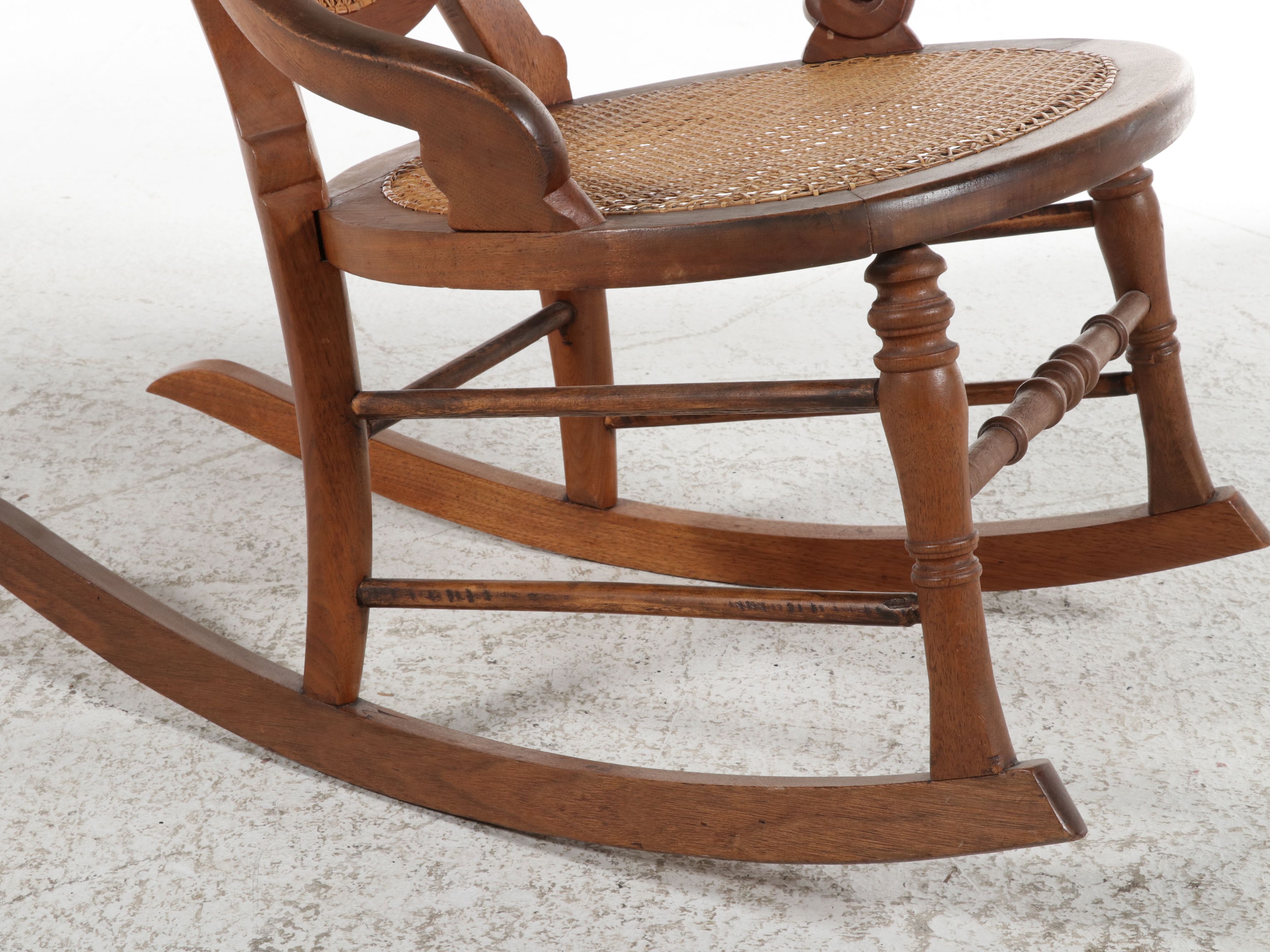 Victorian Walnut Rocking Chair with Caned Seat and Back, Late 19th Century