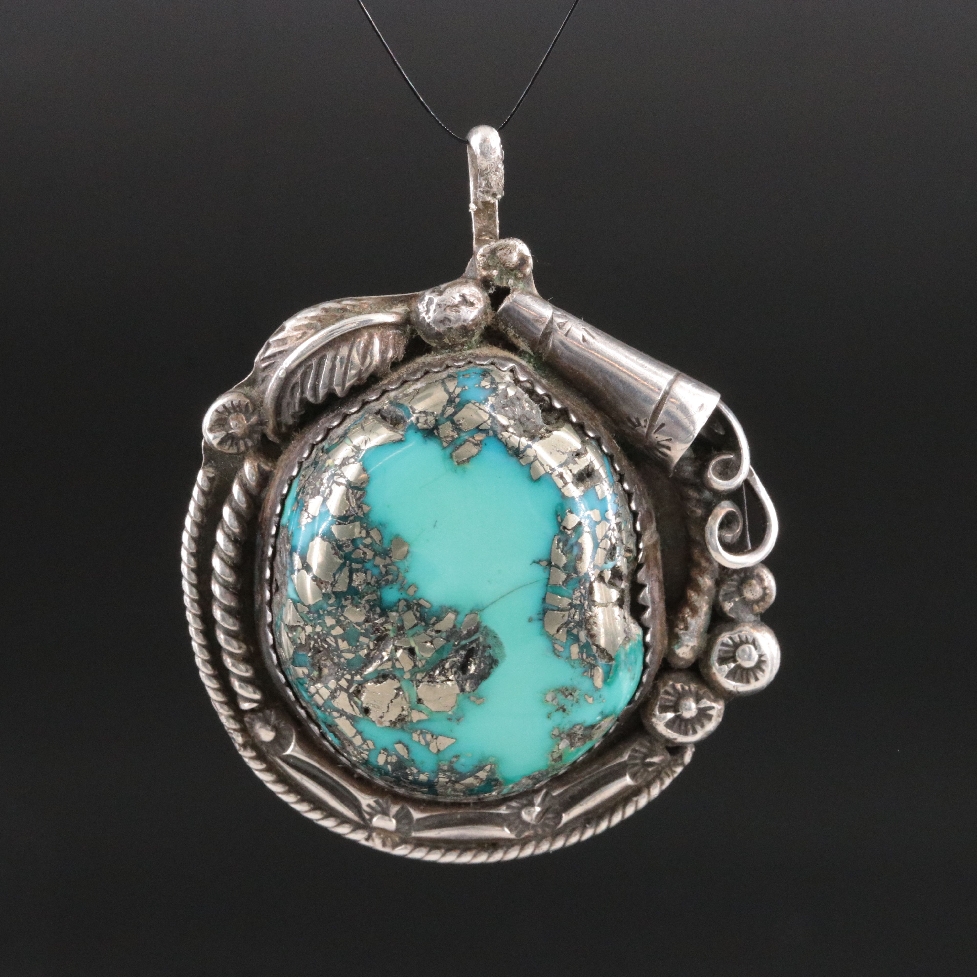 Southwestern Signed Sterling Turquoise Pendant