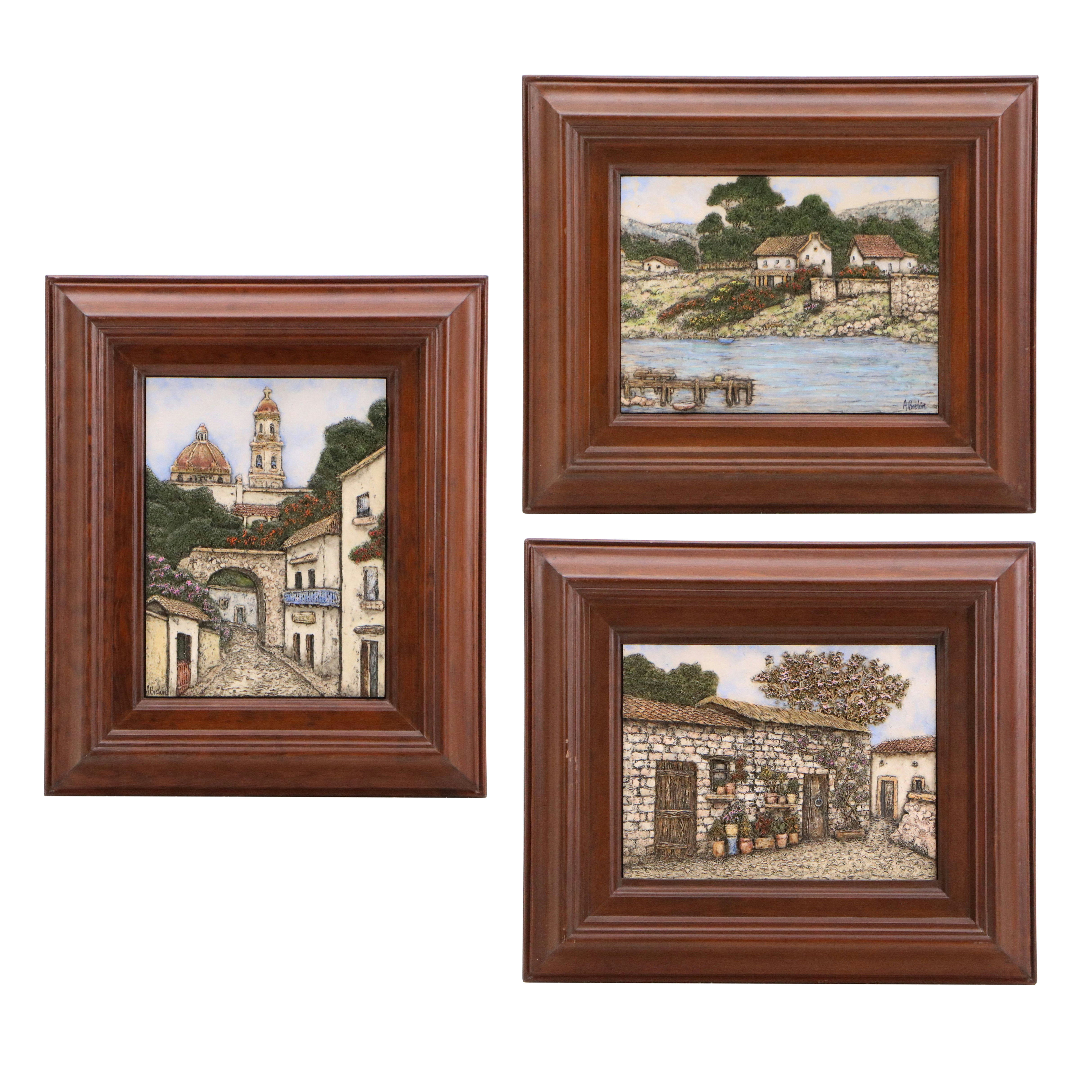 Sculpted Resin Engravings of Quaint European Towns, Late 20th Century