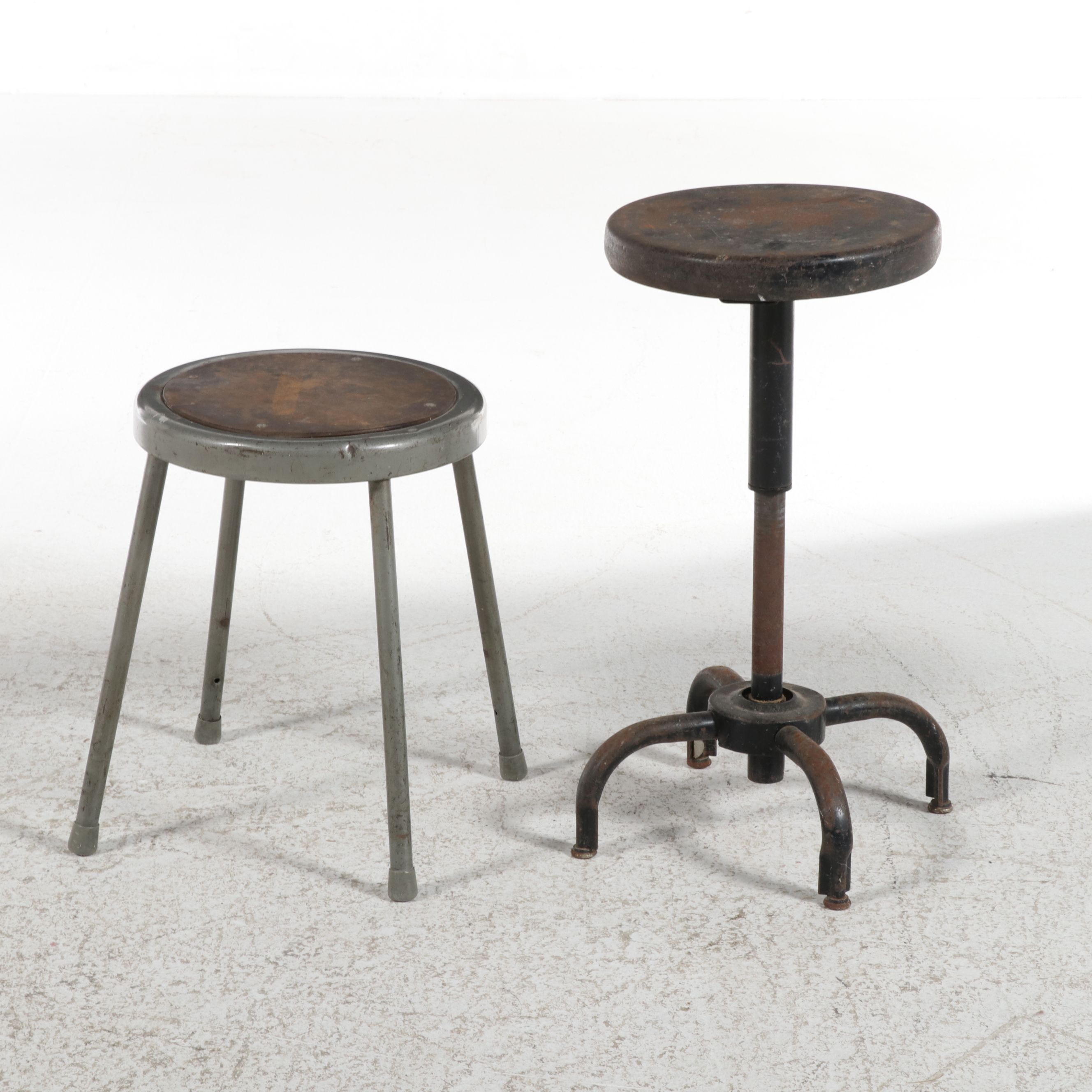 Two Industrial Metal Workshop Stools, Mid-20th Century