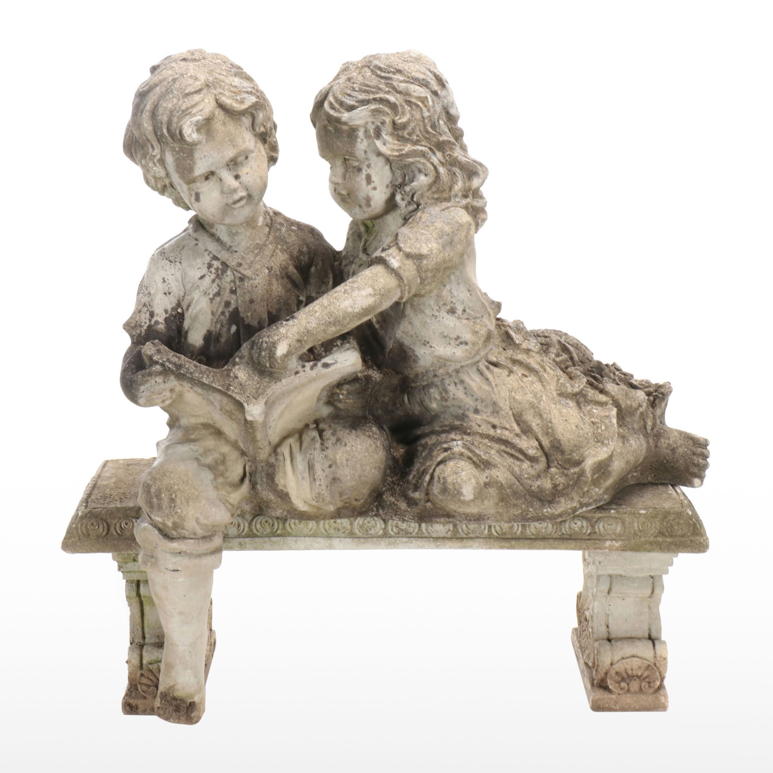 Children Reading Cast Concrete Garden Statue and Bench