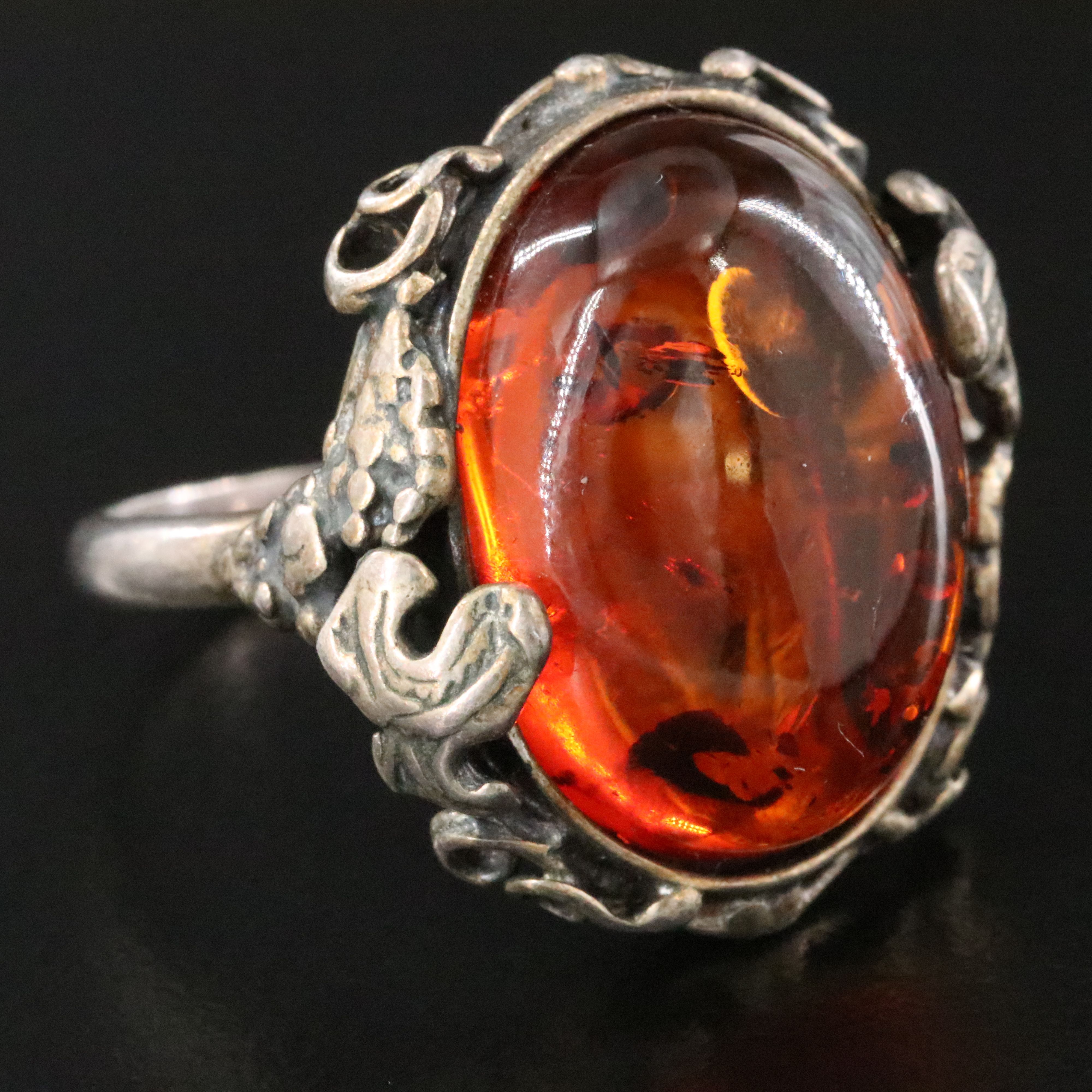 Sterling Amber Ring with Grapevine Motif