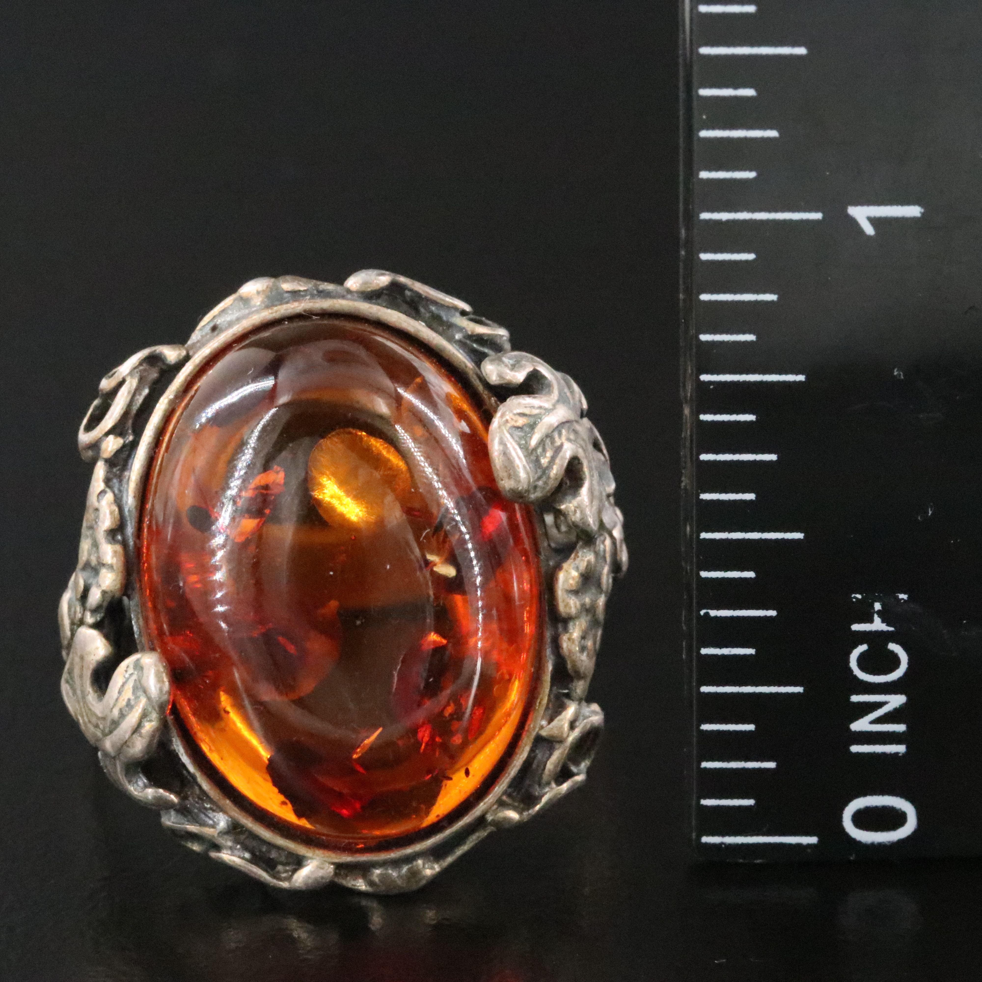 Sterling Amber Ring with Grapevine Motif
