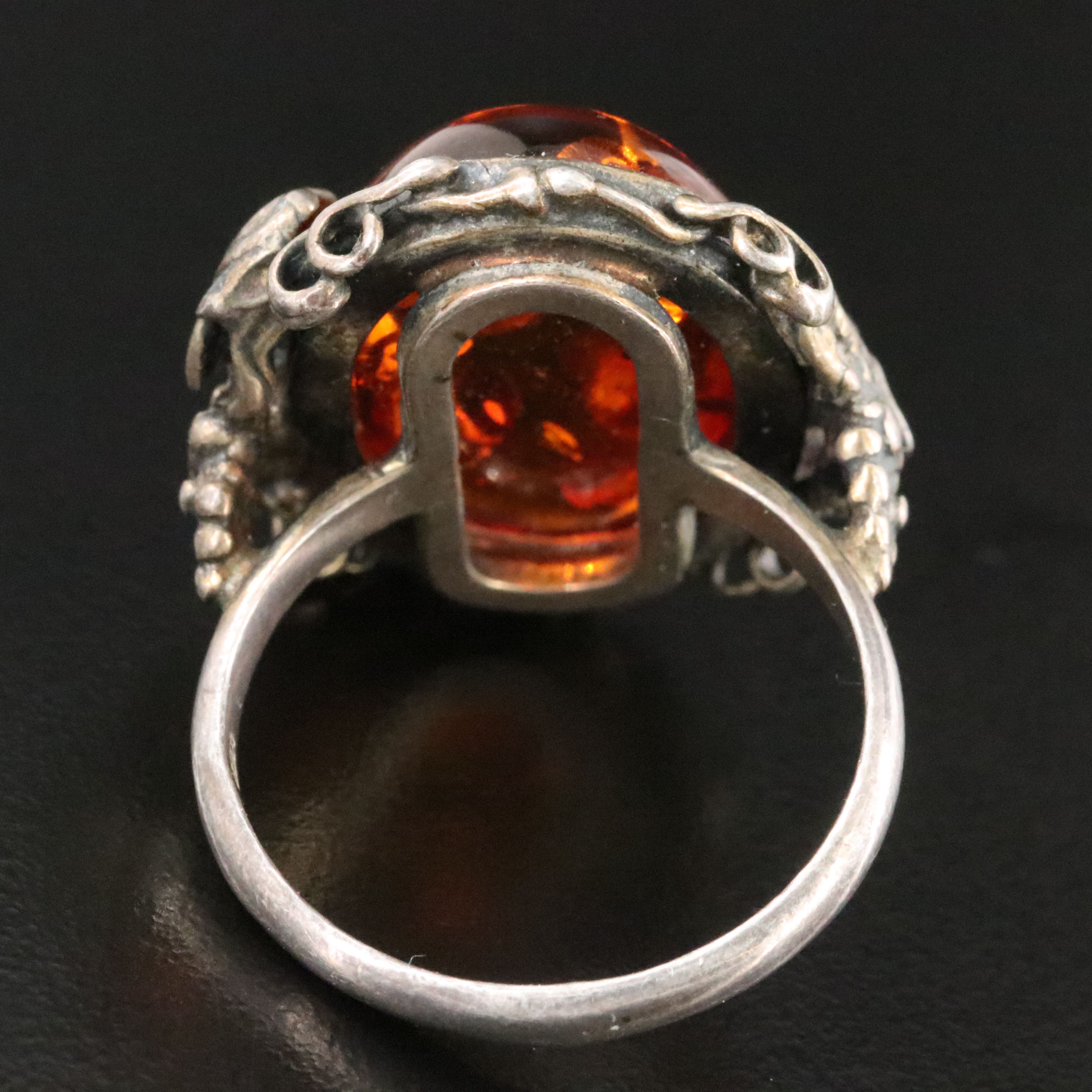 Sterling Amber Ring with Grapevine Motif