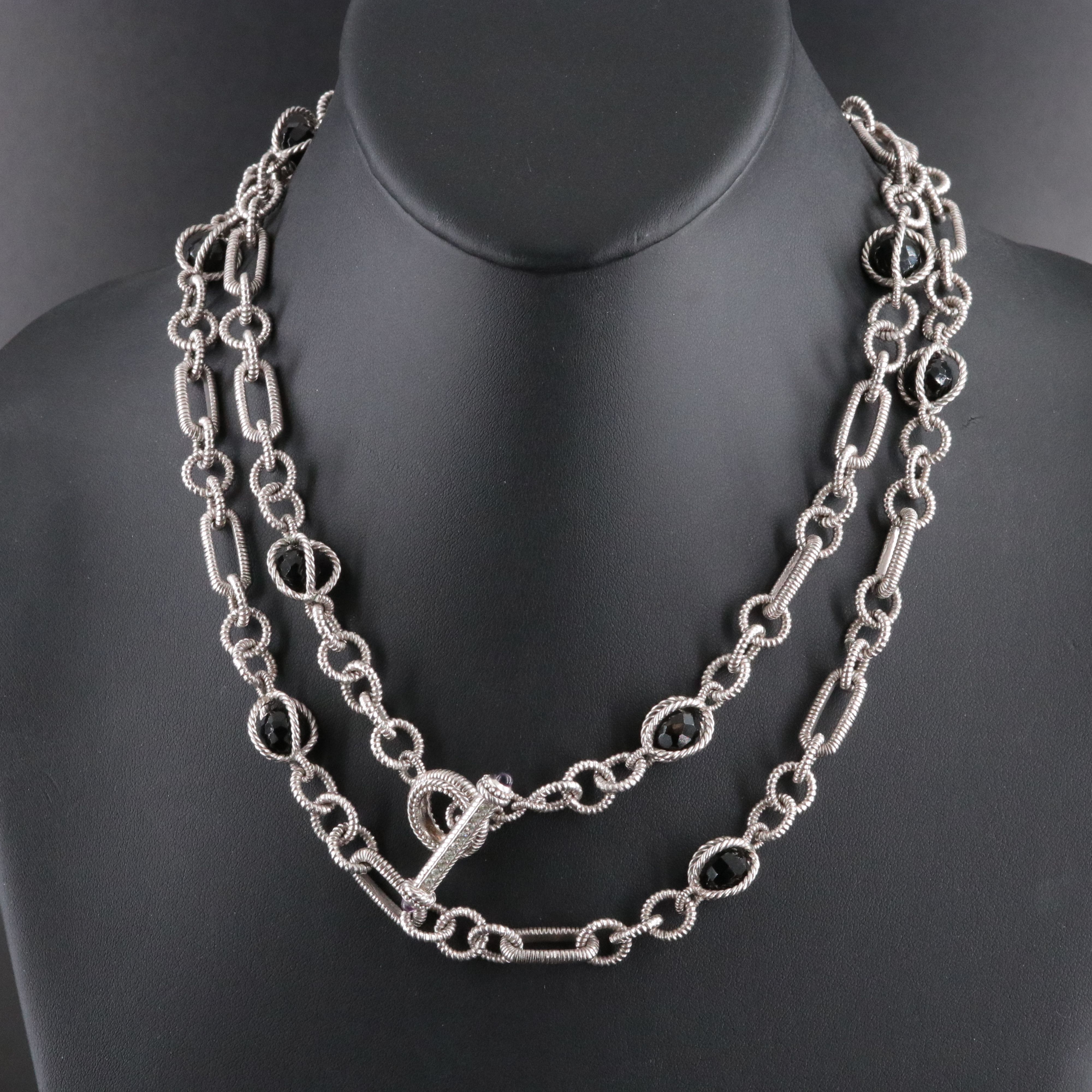 Judith Ripka Sterling Figaro Black Onyx Station Necklace with Amethyst and CZ