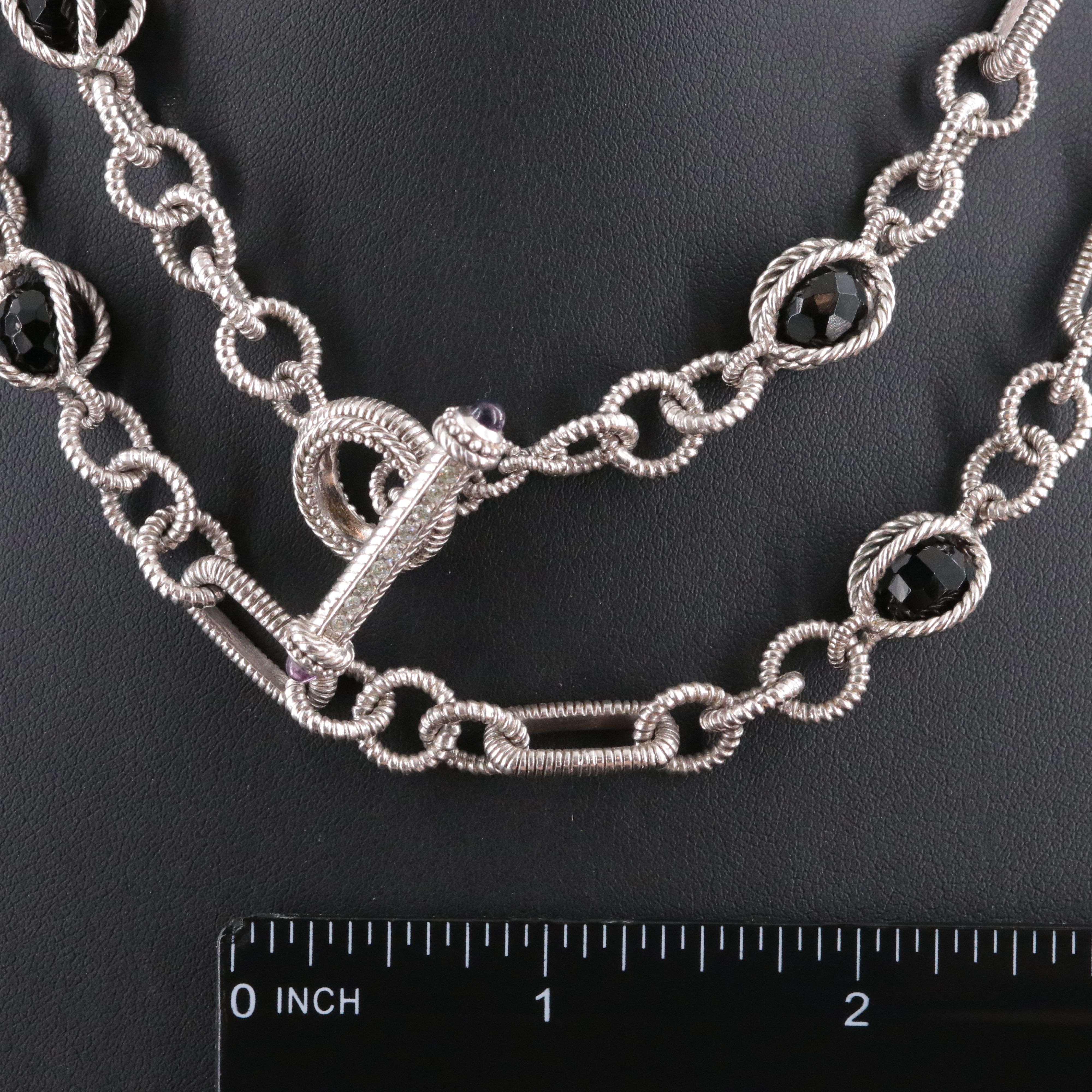 Judith Ripka Sterling Figaro Black Onyx Station Necklace with Amethyst and CZ
