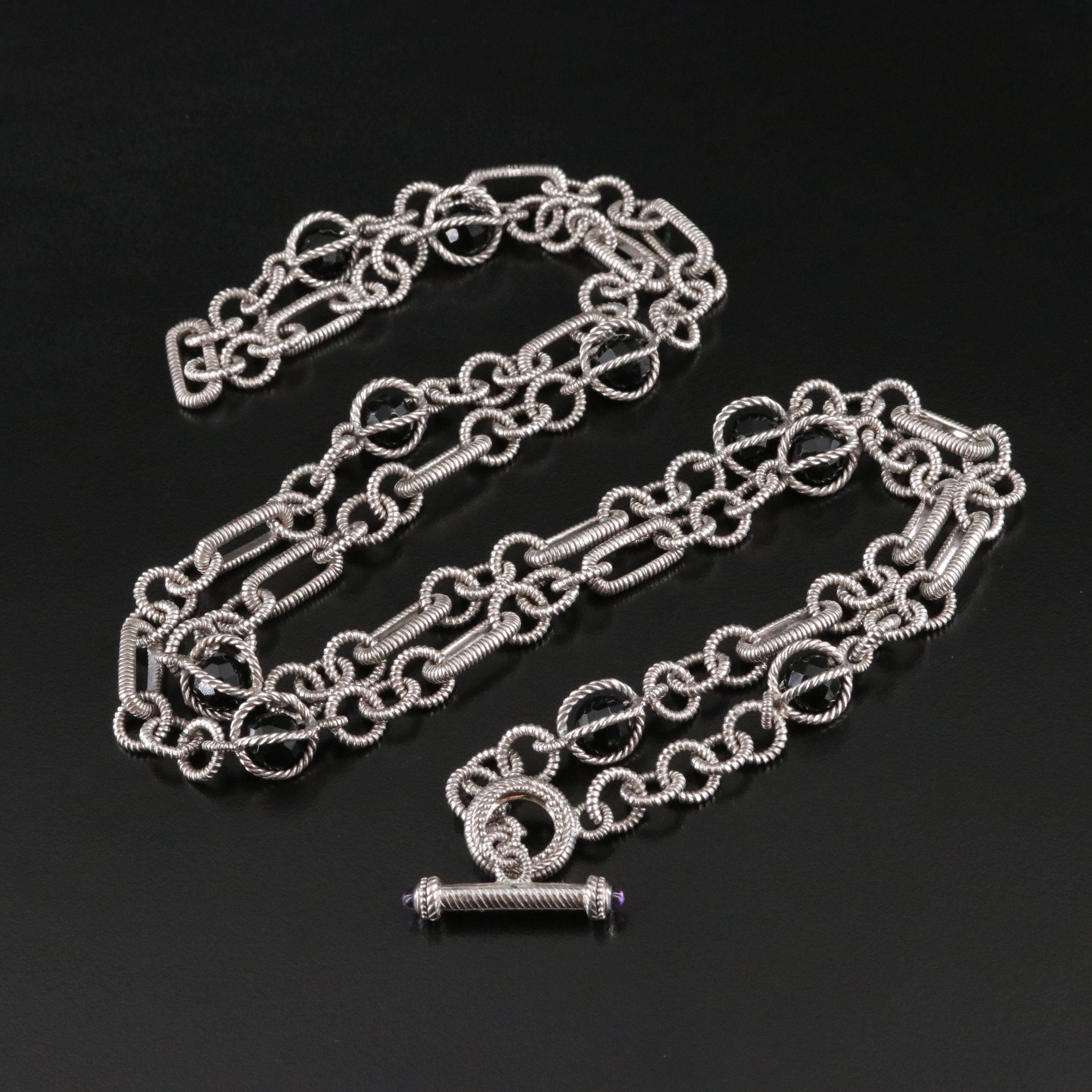 Judith Ripka Sterling Figaro Black Onyx Station Necklace with Amethyst and CZ