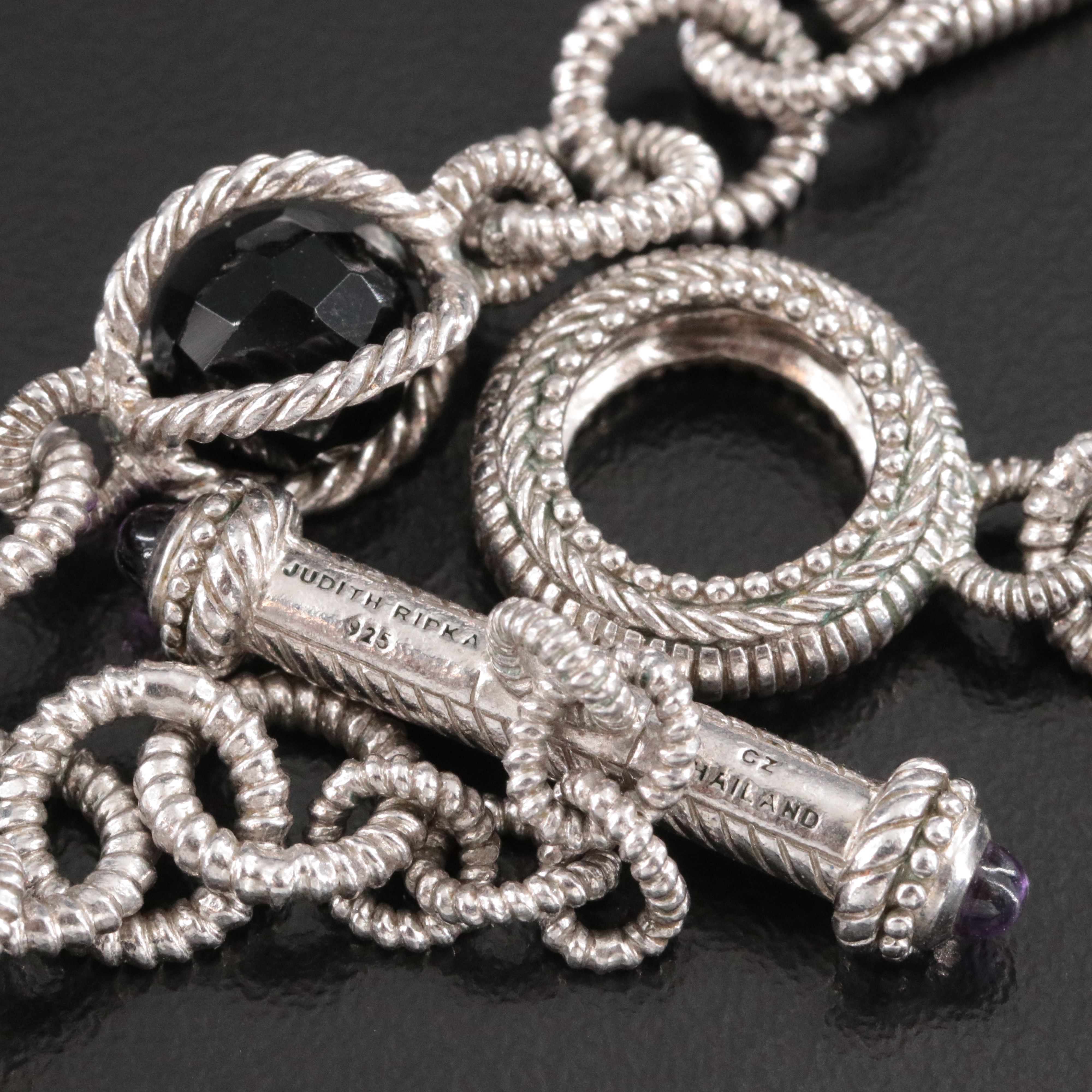 Judith Ripka Sterling Figaro Black Onyx Station Necklace with Amethyst and CZ