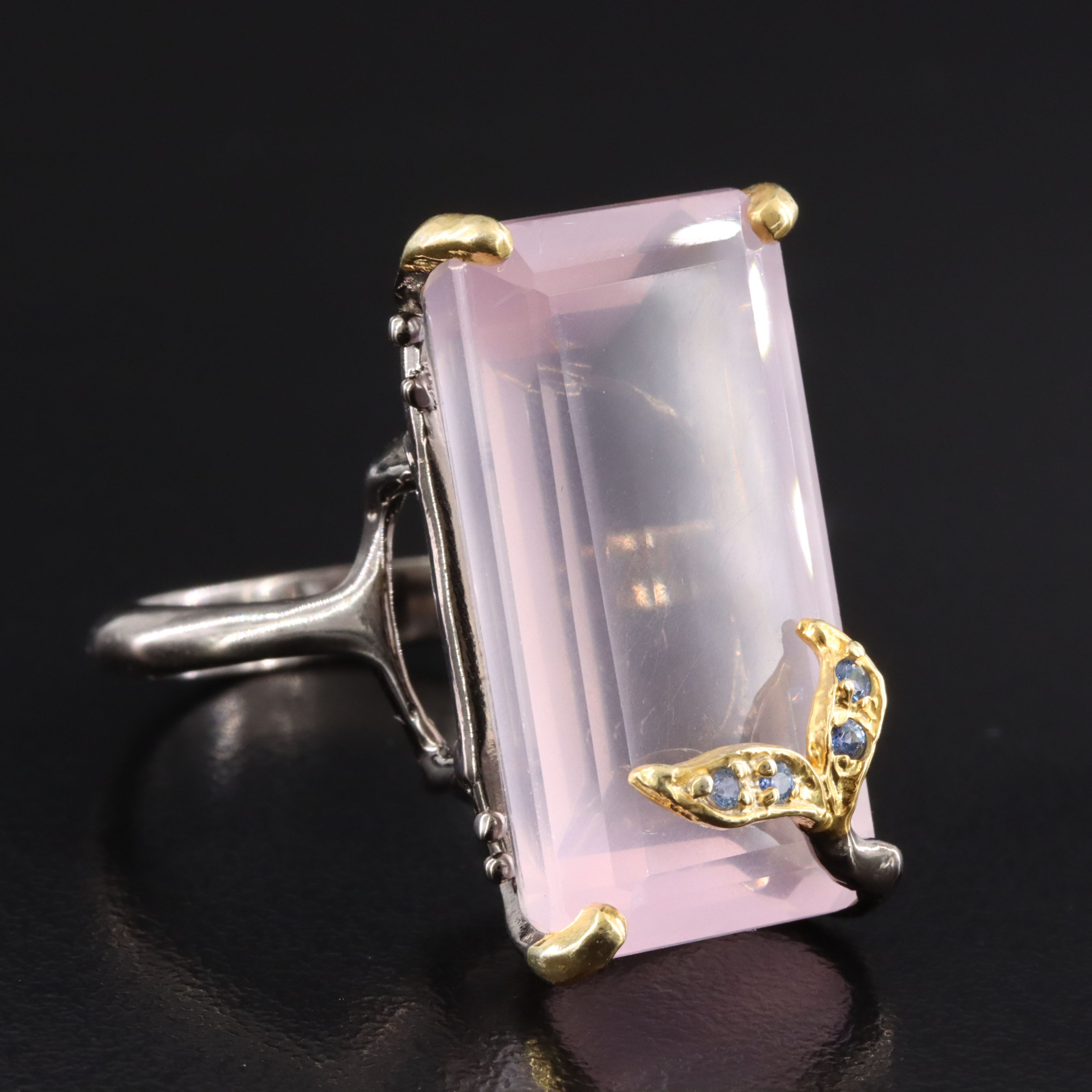 Sterling Rose Quartz and Sapphire Ring