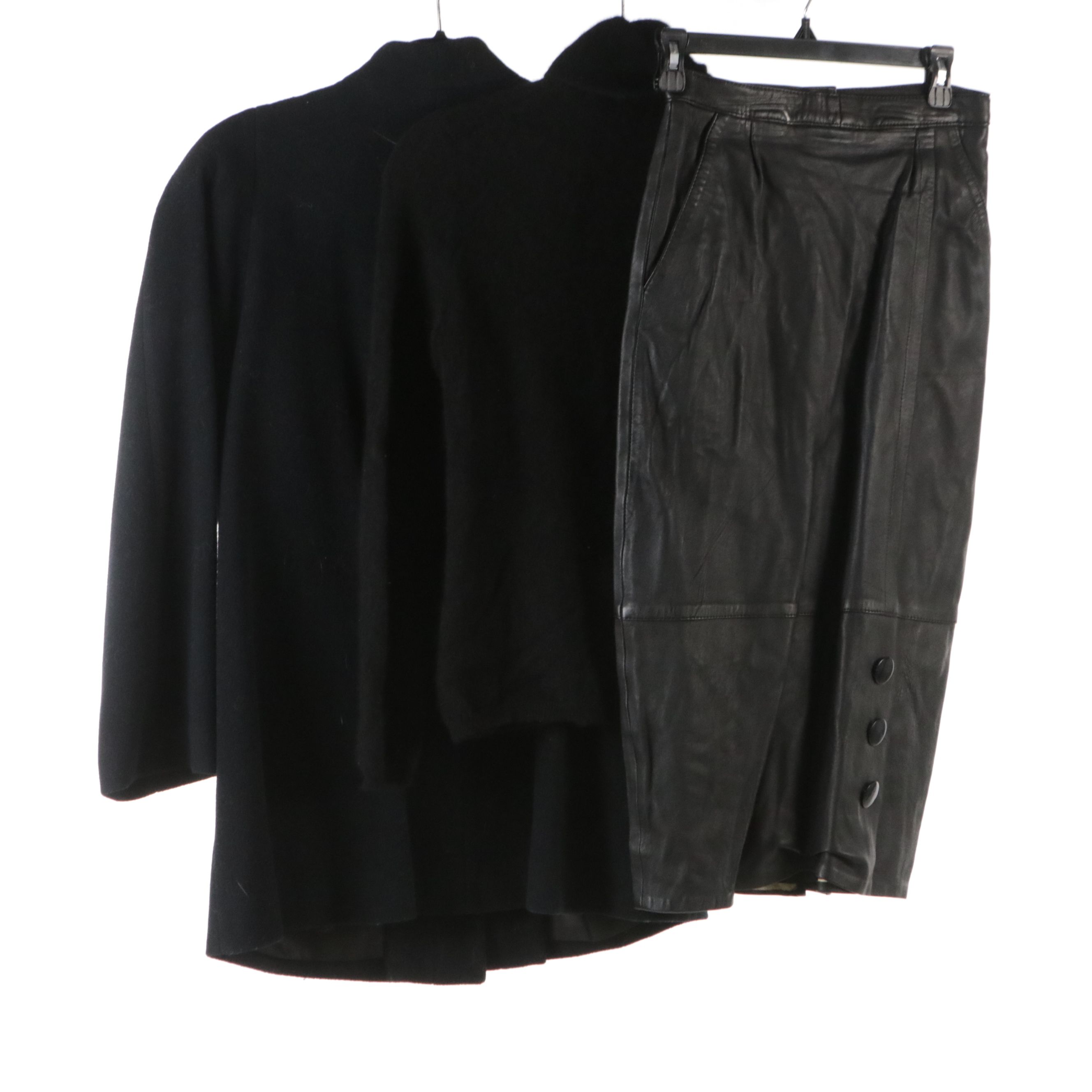 Leather Skirt, Cashmere Turtleneck Sweater, and Wool Button-Front Coat