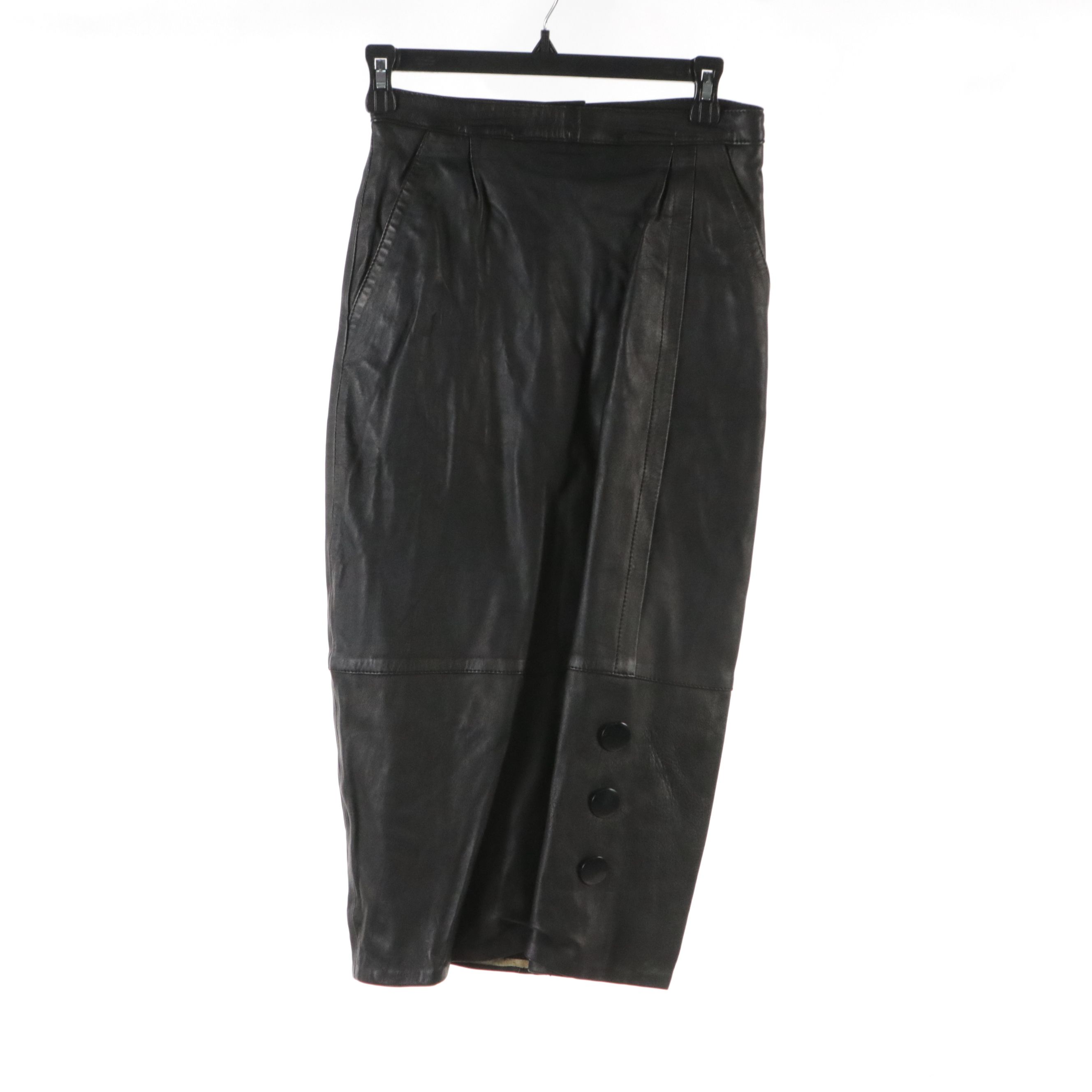 Leather Skirt, Cashmere Turtleneck Sweater, and Wool Button-Front Coat