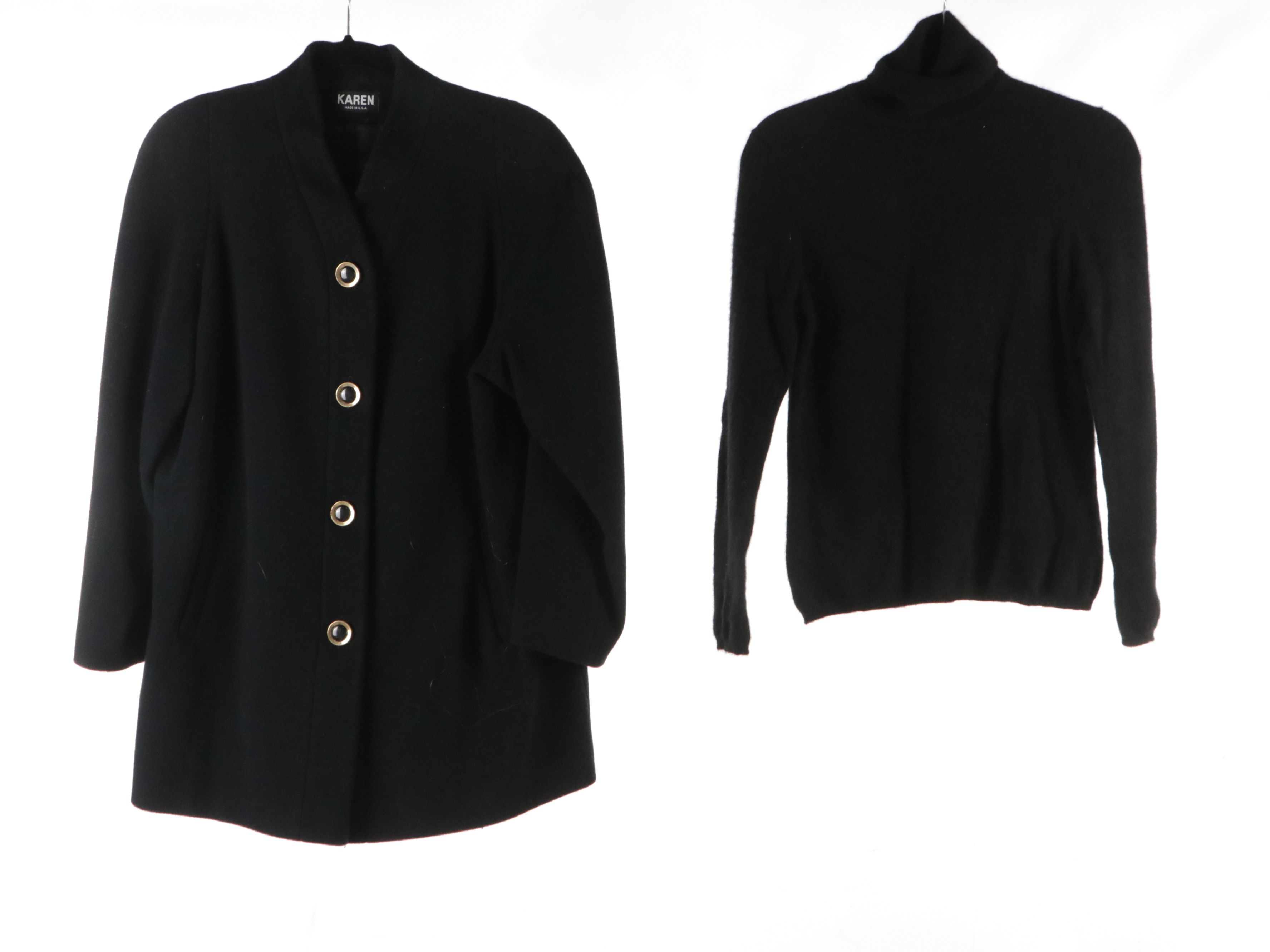 Leather Skirt, Cashmere Turtleneck Sweater, and Wool Button-Front Coat