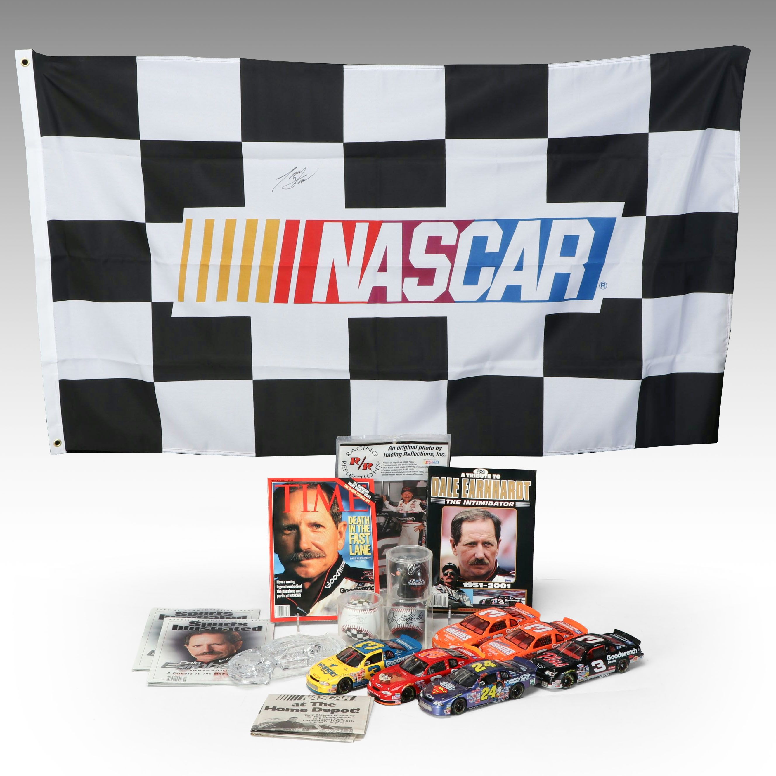 Dale Earnhardt Sr. Signed Mini Helmet with Tony Stewart Signed Flag & More