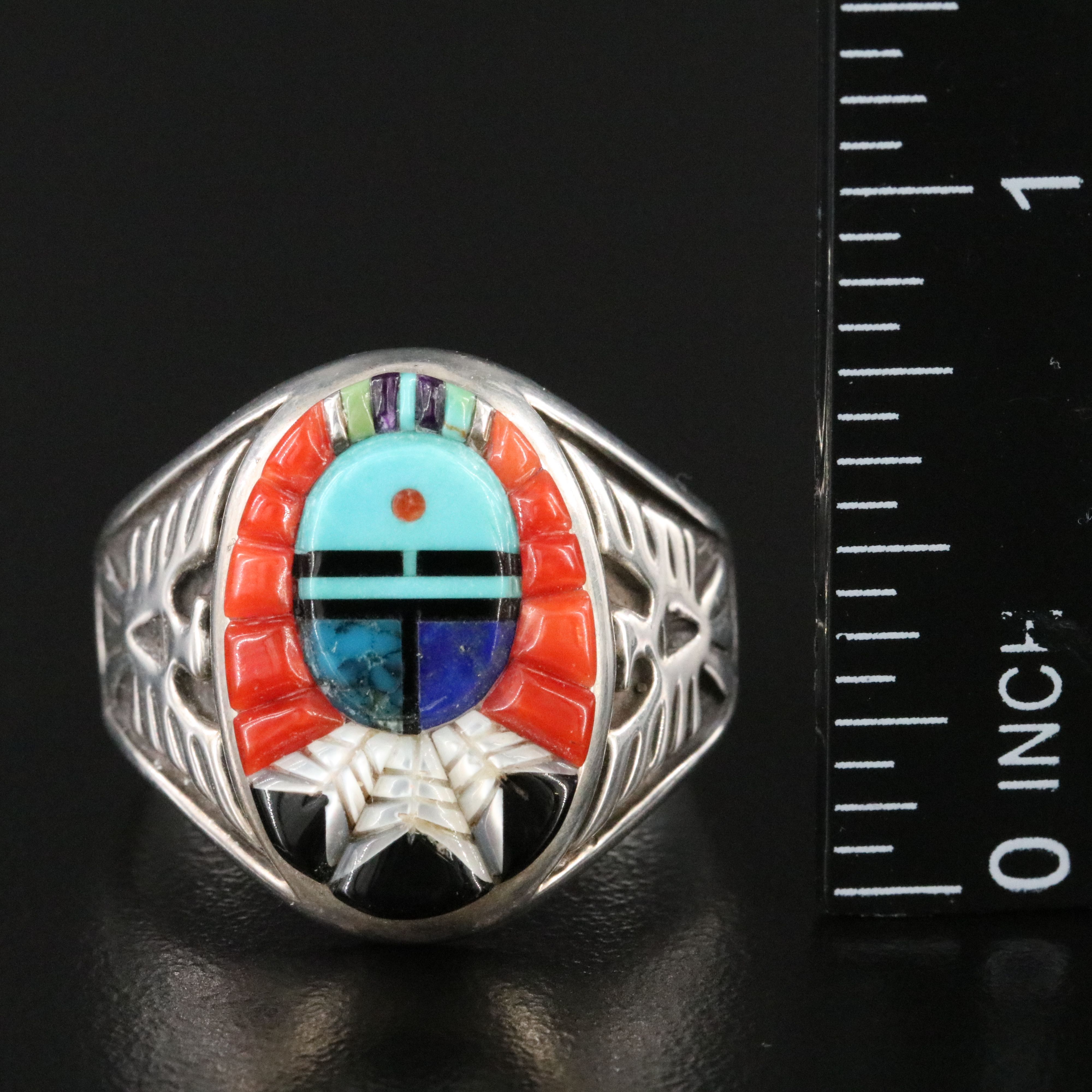 Navajo Wilbert Manning Sterling Lapis Lazuli, Coral, Mother of Pearl Inlay Ring
