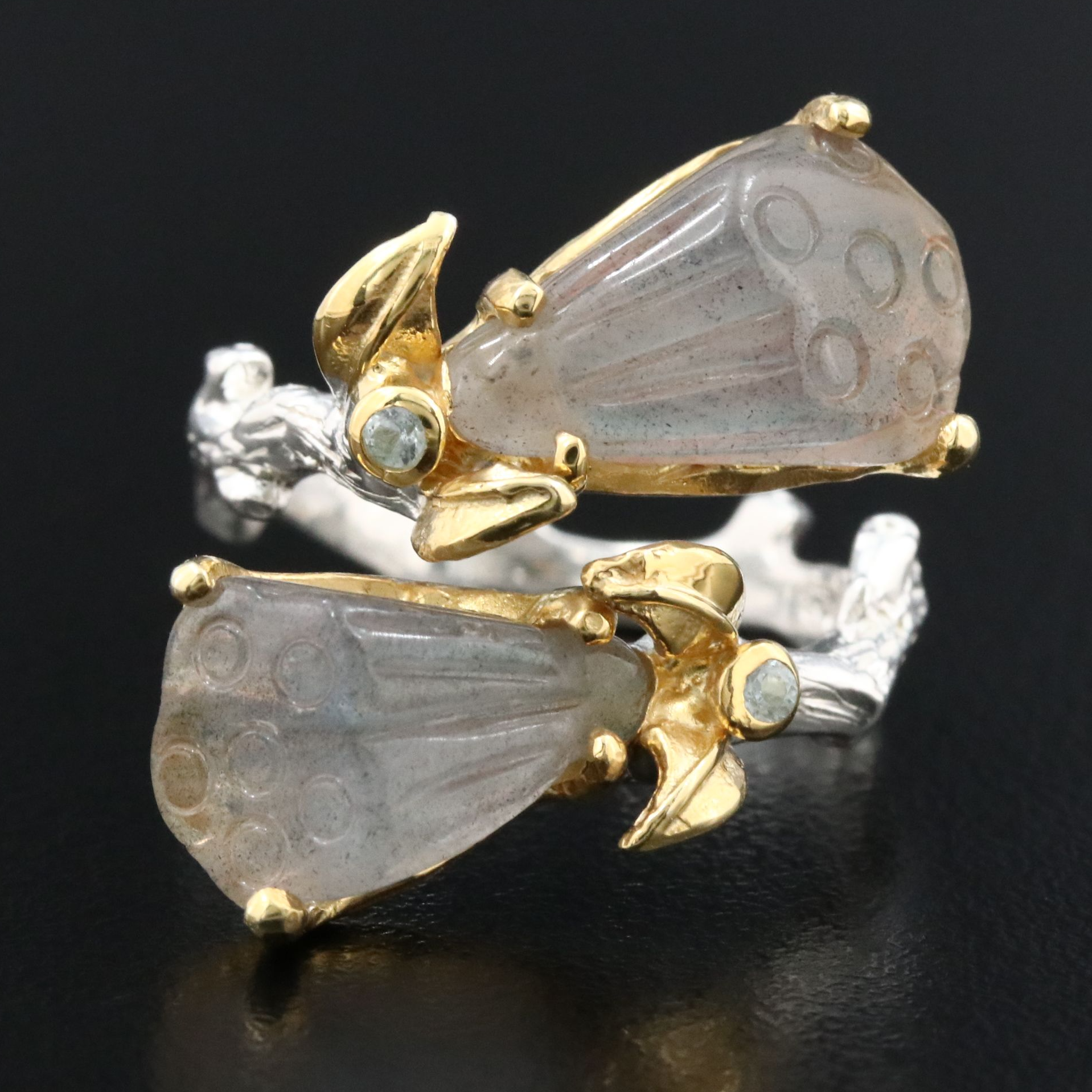 Sterling Labradorite and Blue Topaz Carved Floral Ring