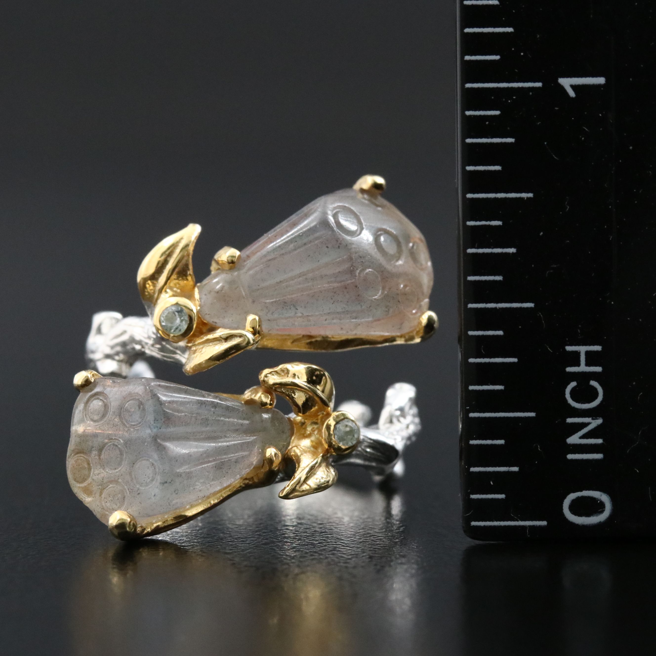 Sterling Labradorite and Blue Topaz Carved Floral Ring