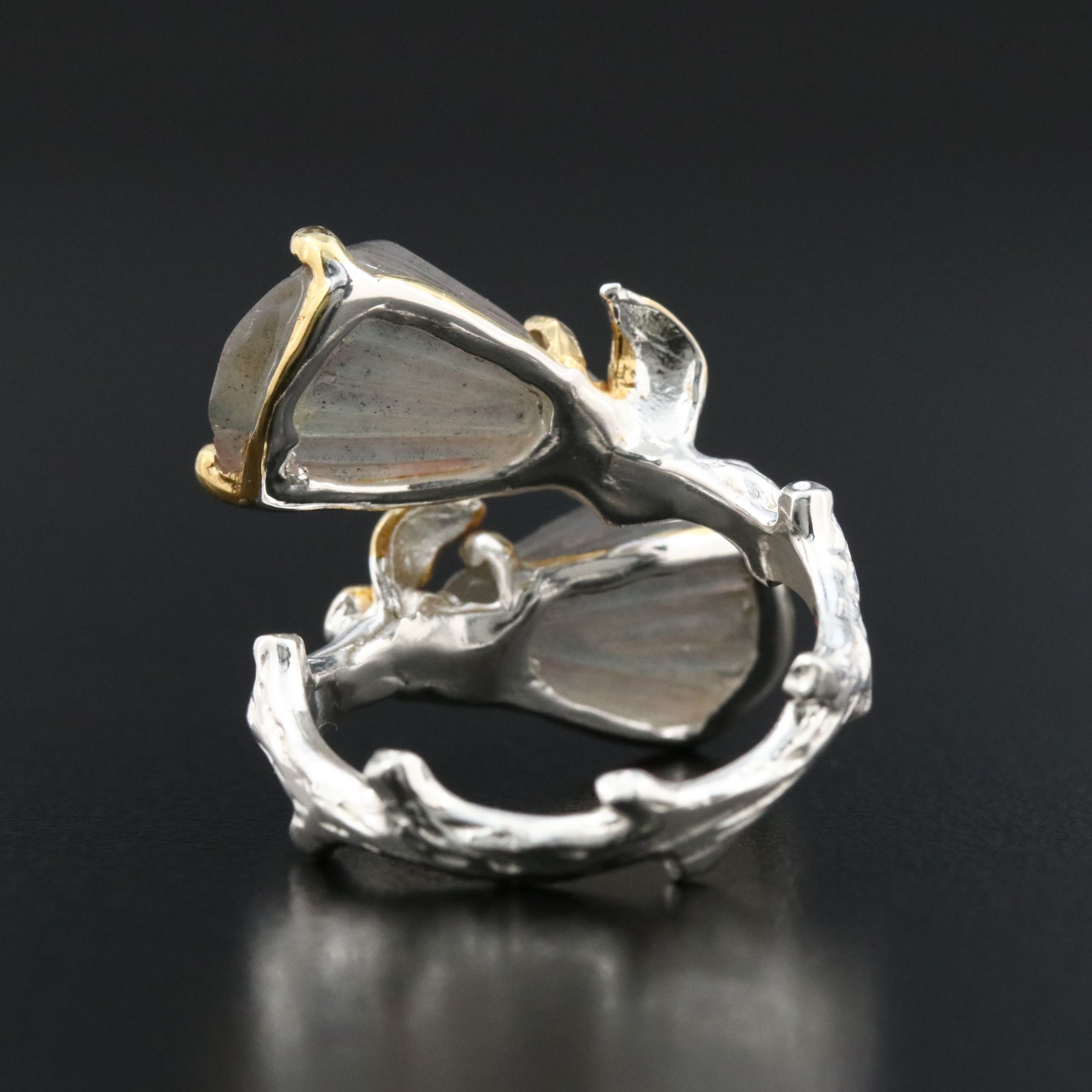 Sterling Labradorite and Blue Topaz Carved Floral Ring