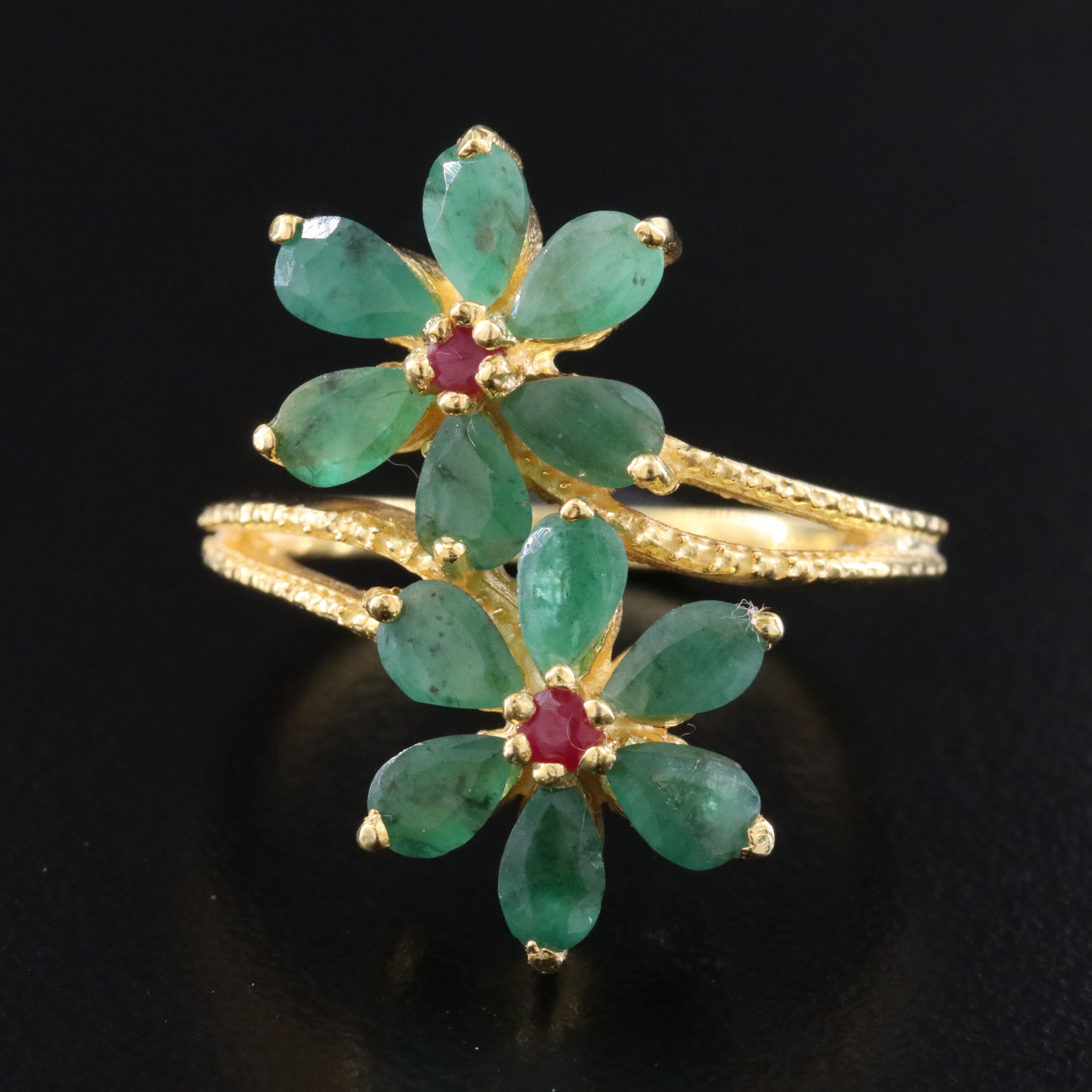 Sterling Emerald and Ruby Flower Ring