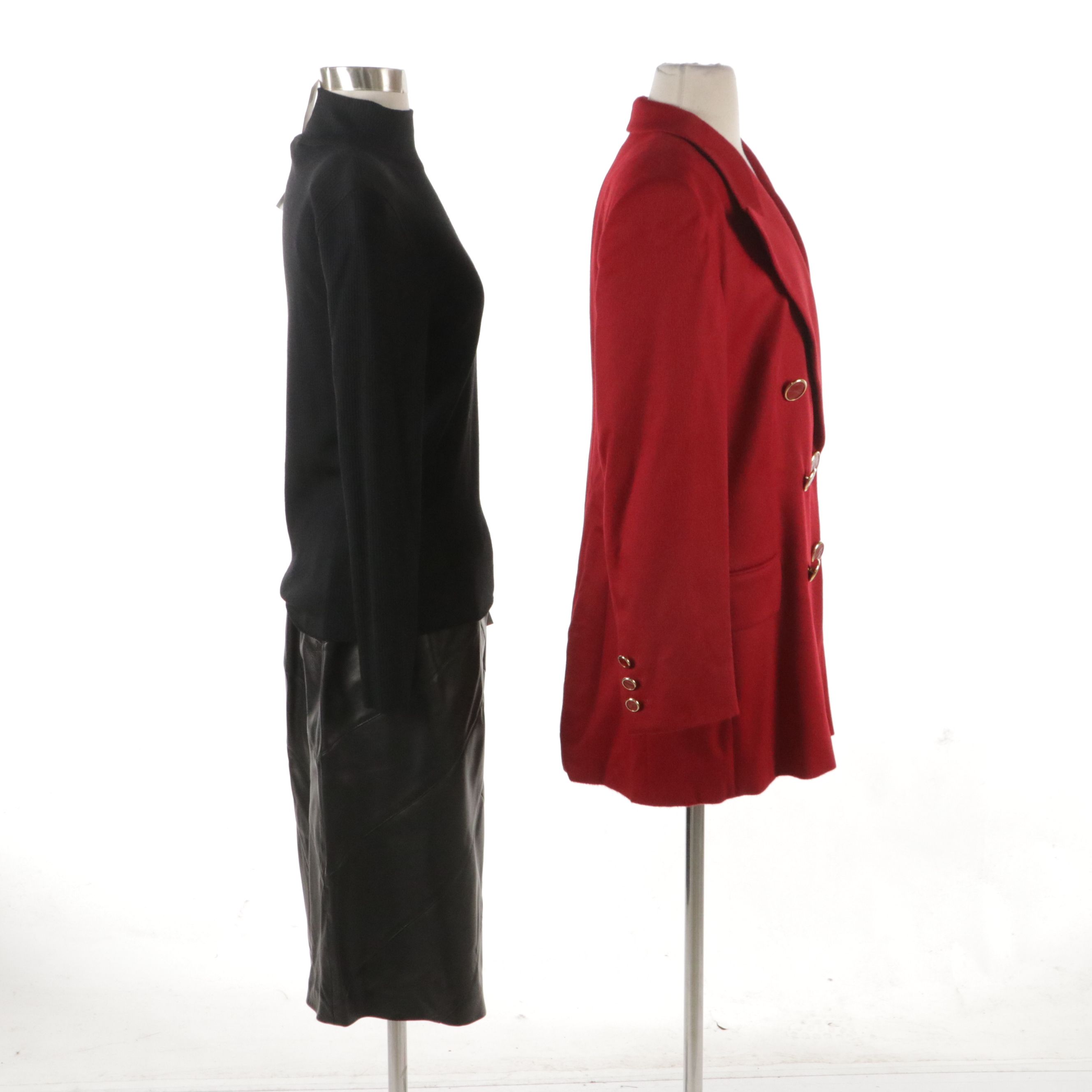 Escada Double-Breasted Blazer in Piacenza Cashgorissimo, Leather Skirt, Knit Top