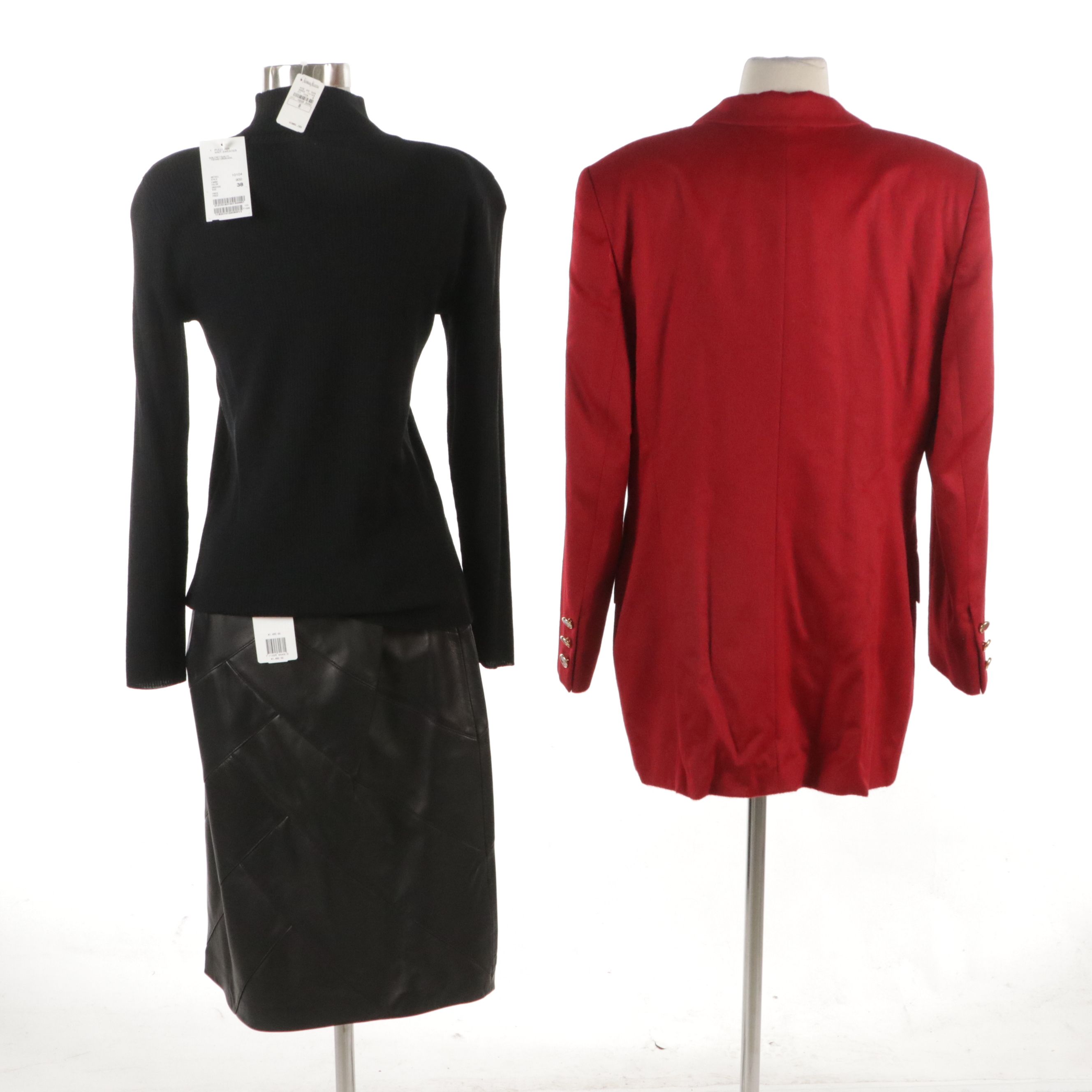 Escada Double-Breasted Blazer in Piacenza Cashgorissimo, Leather Skirt, Knit Top