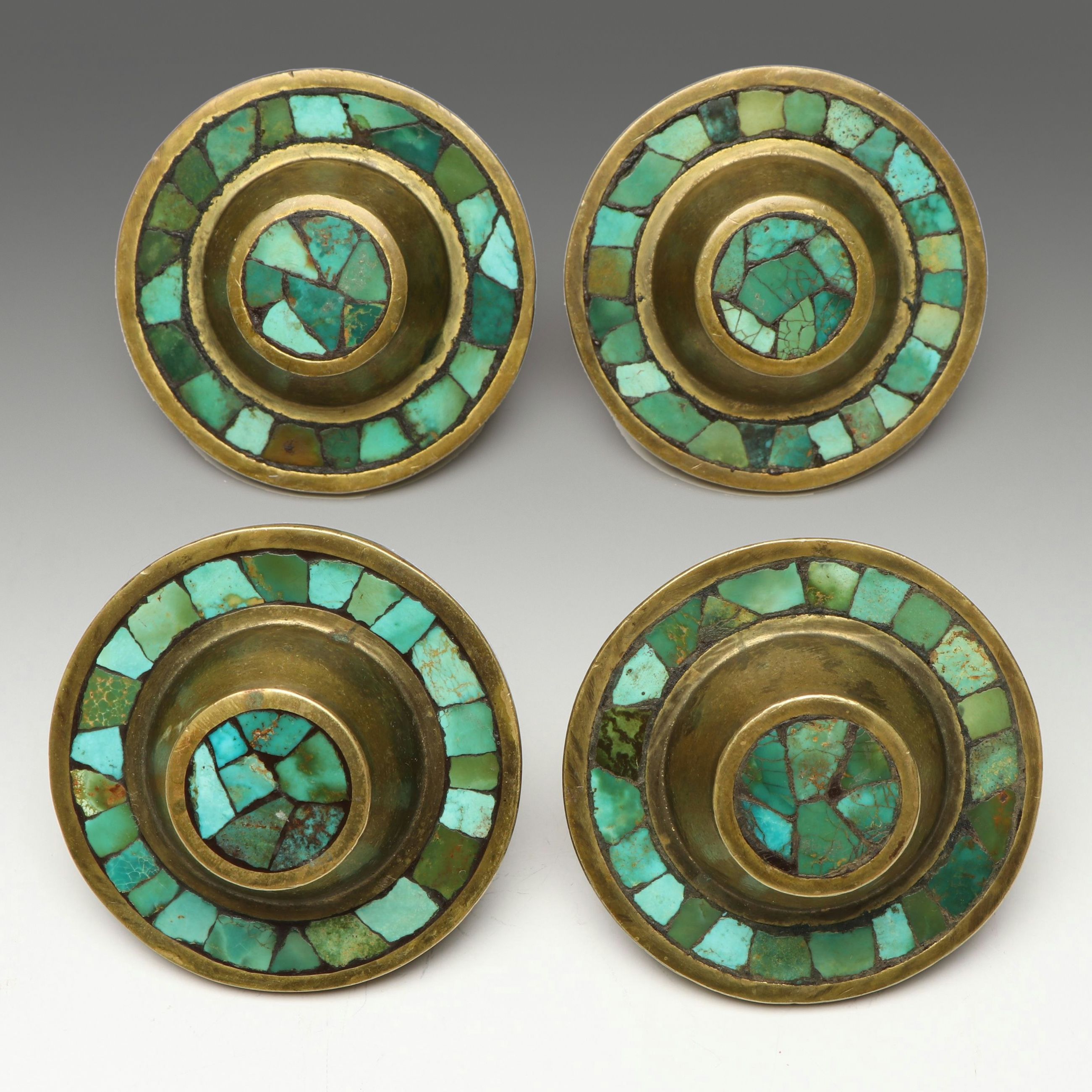 Set of Four Turquoise  Mosaic Brass Cabinet Knobs, Mid to Late 20th Century