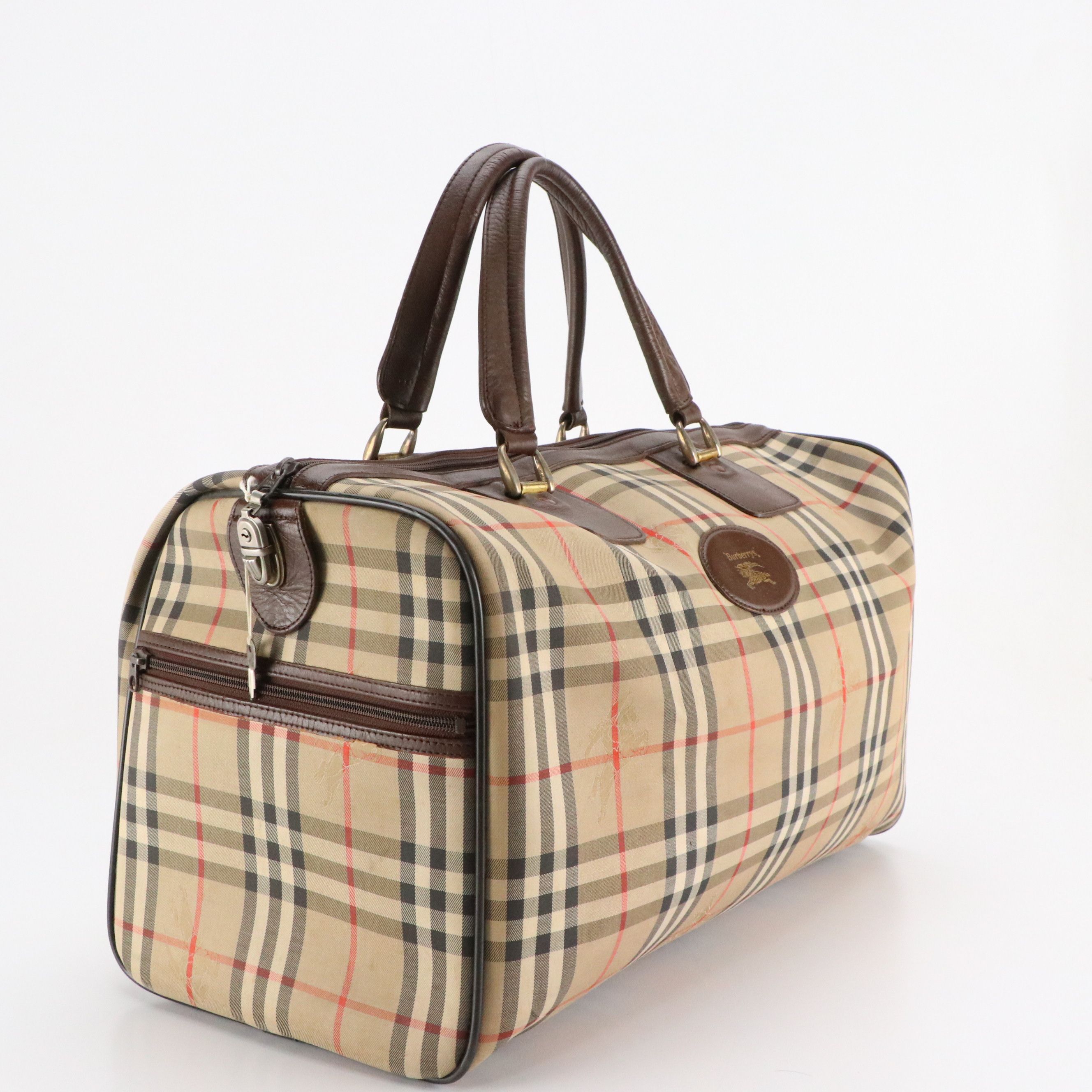 Burberrys Locking Duffle Bag in Haymarket Check Canvas and Brown Leather