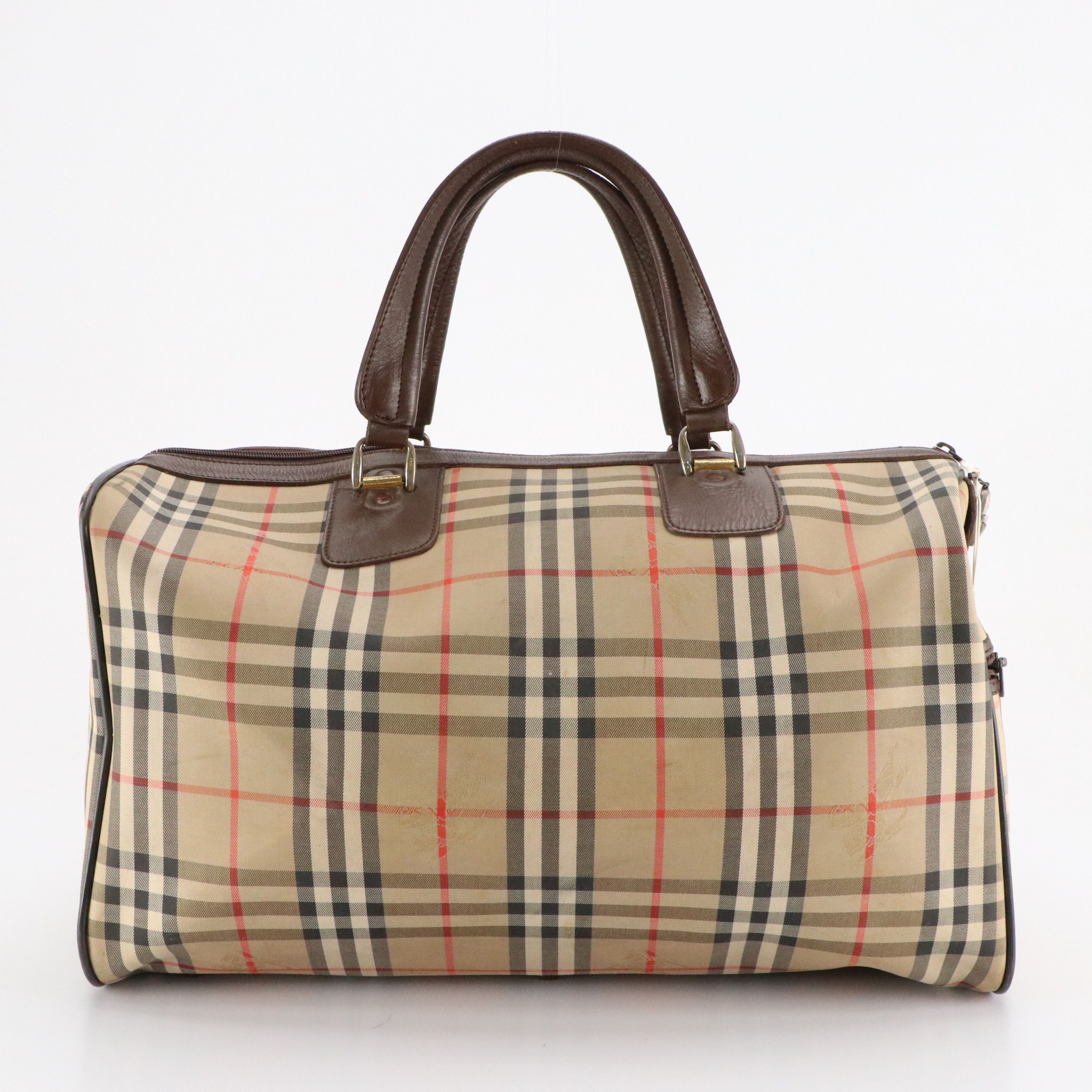 Burberrys Locking Duffle Bag in Haymarket Check Canvas and Brown Leather