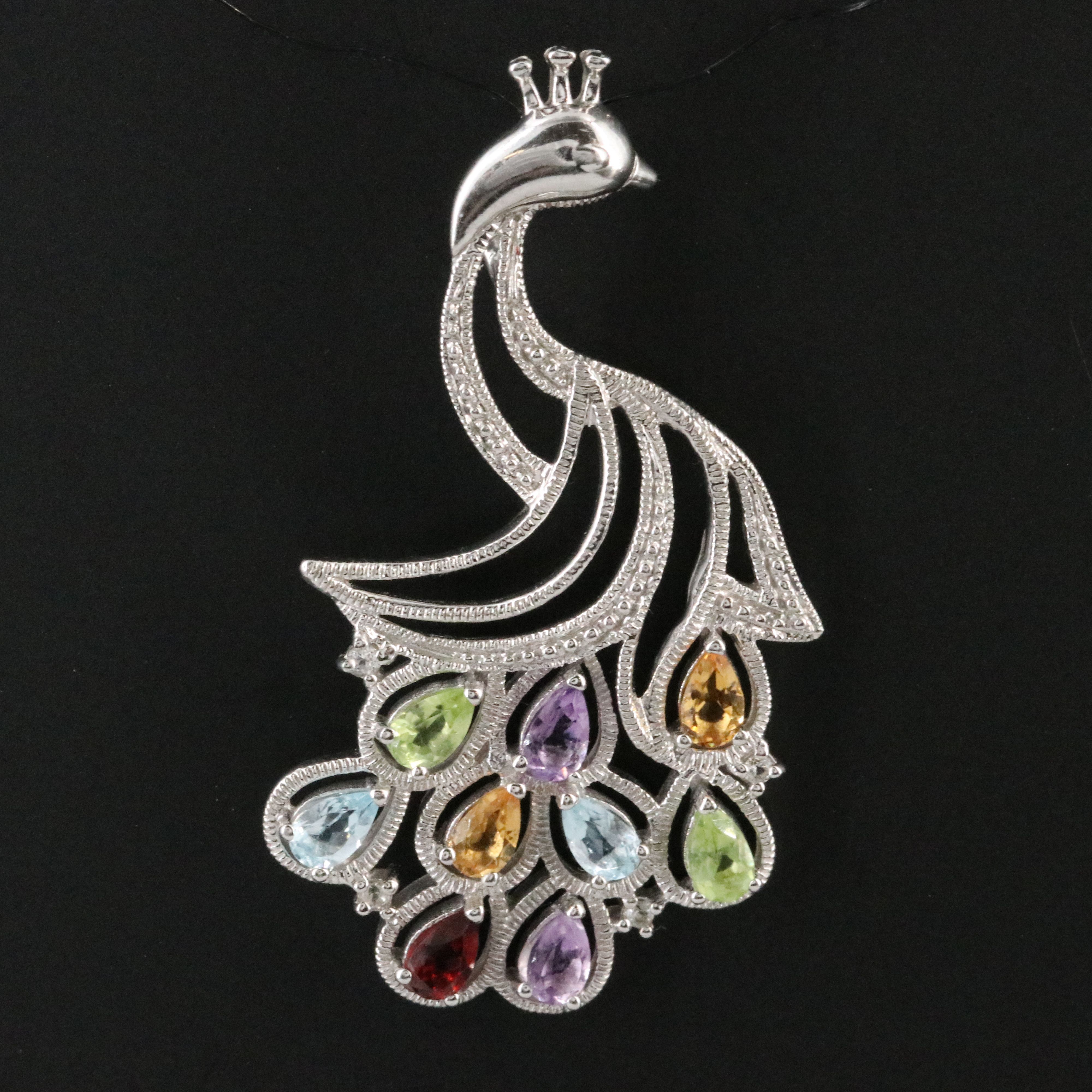 Sterling Citrine, Amethyst, and Peridot Peacock Pendant