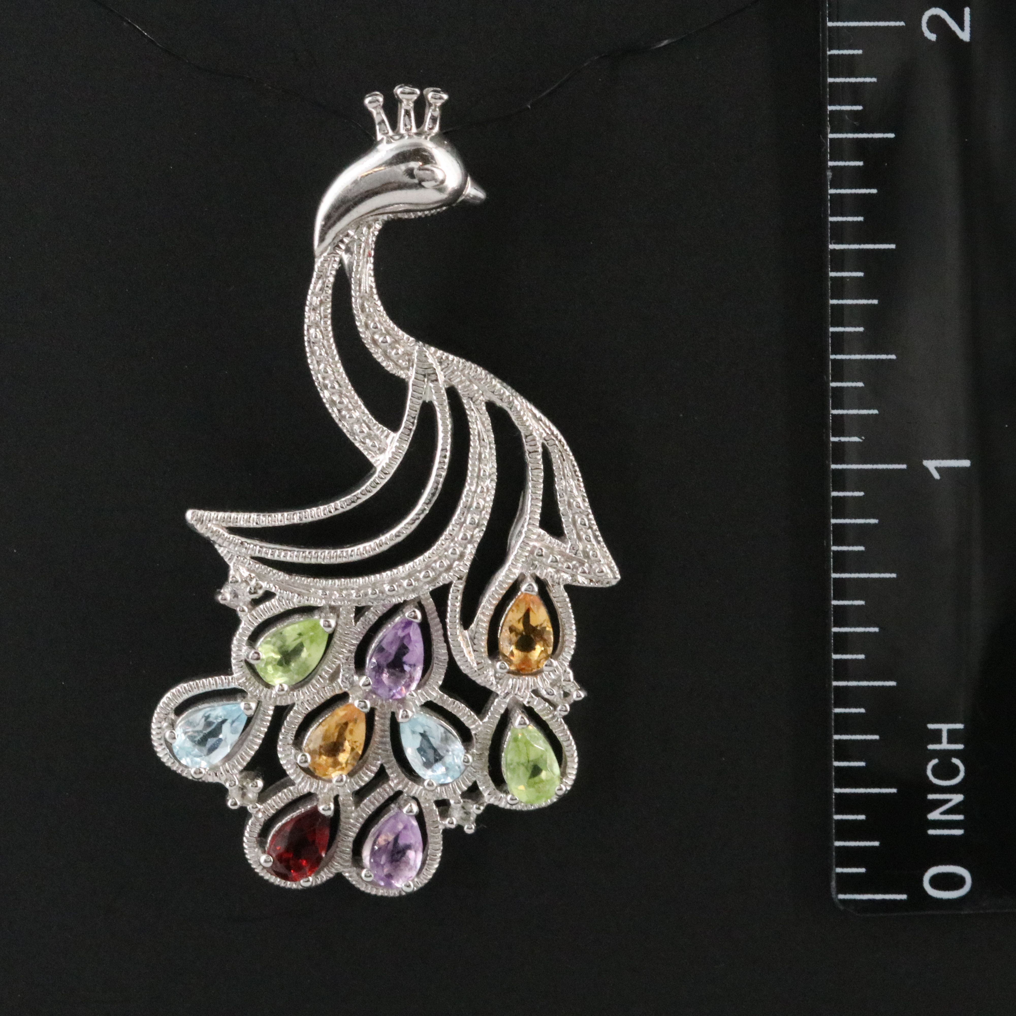 Sterling Citrine, Amethyst, and Peridot Peacock Pendant