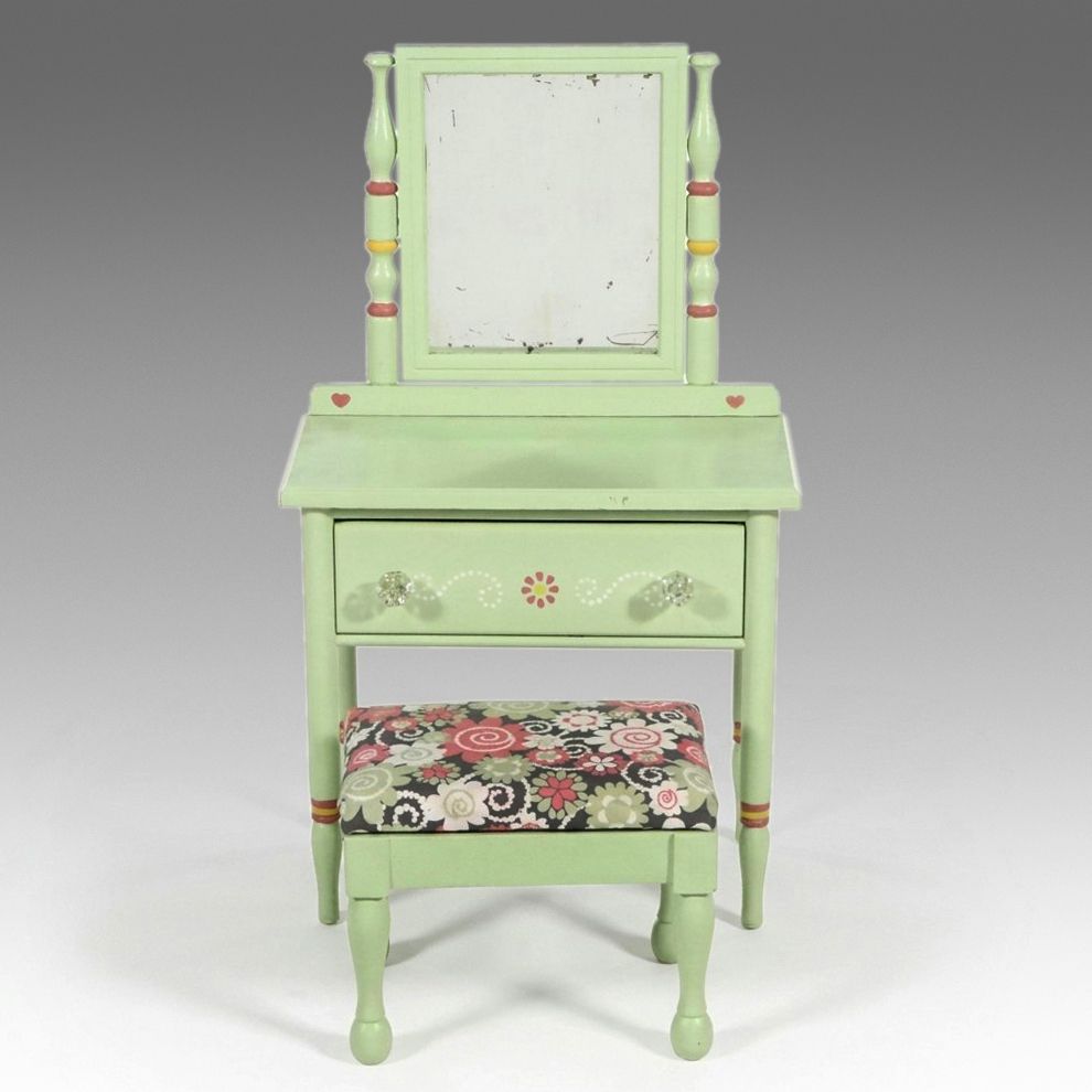 Child-Size Paint-Decorated Wood Vanity with Mirror and Matching Stool