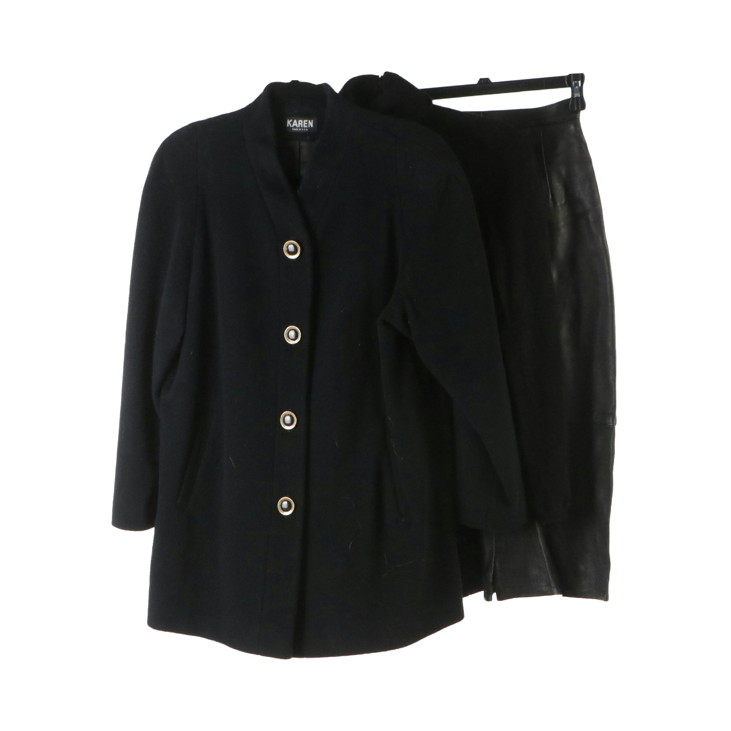 Leather Skirt, Cashmere Turtleneck Sweater, and Wool Button-Front Coat