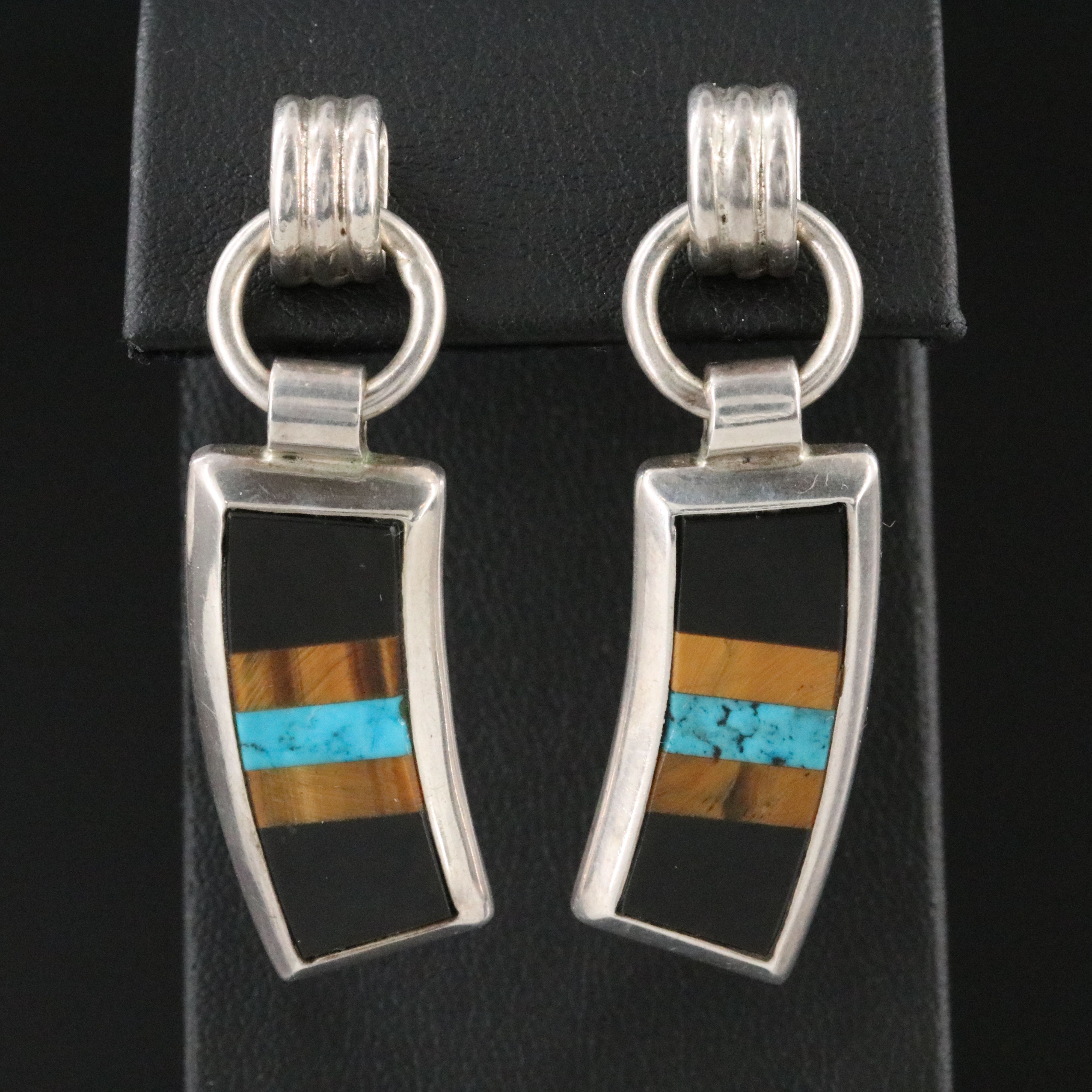 1980s Mexican Brilanti Sterling Turquoise, Tiger's Eye, and Black Onyx Earrings