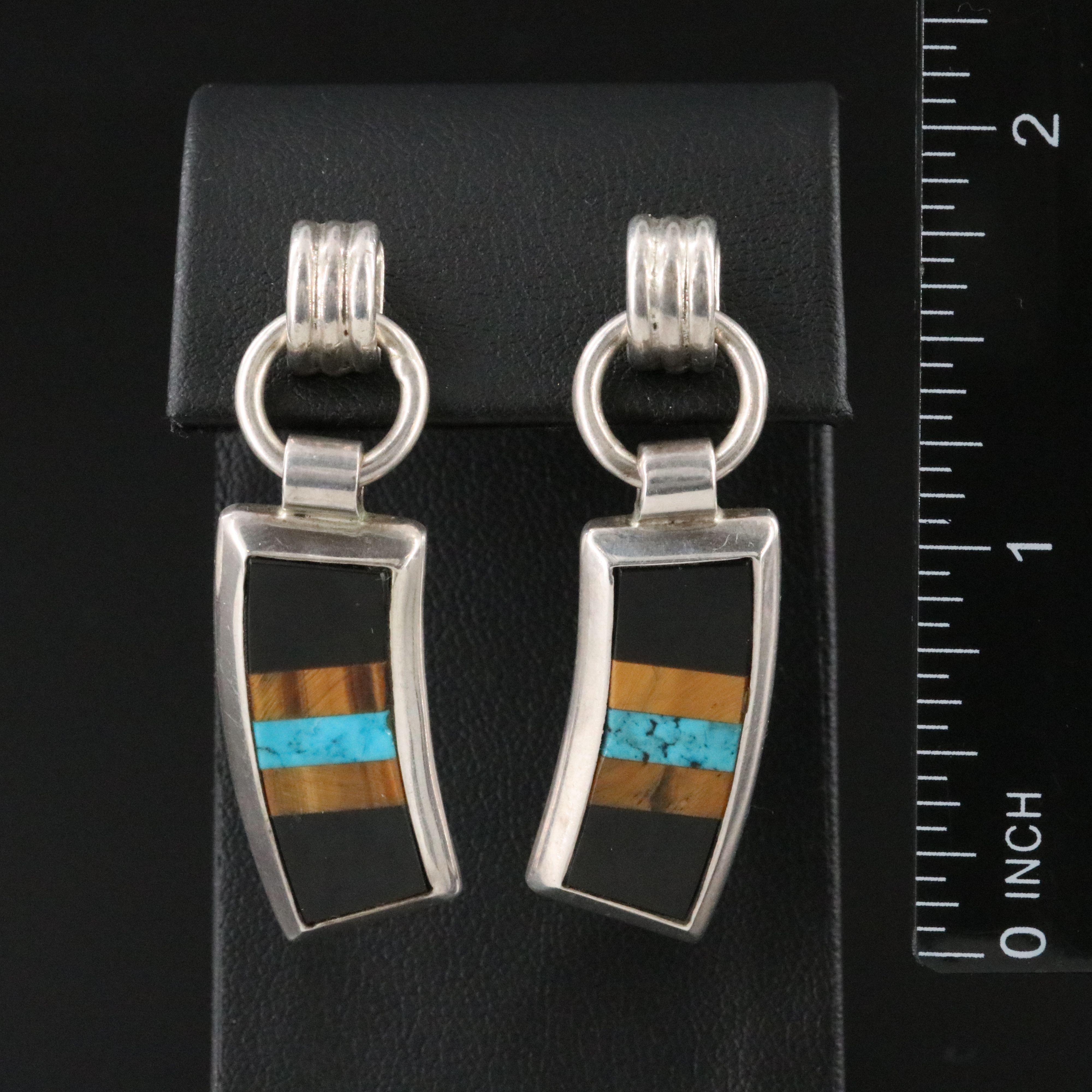 1980s Mexican Brilanti Sterling Turquoise, Tiger's Eye, and Black Onyx Earrings