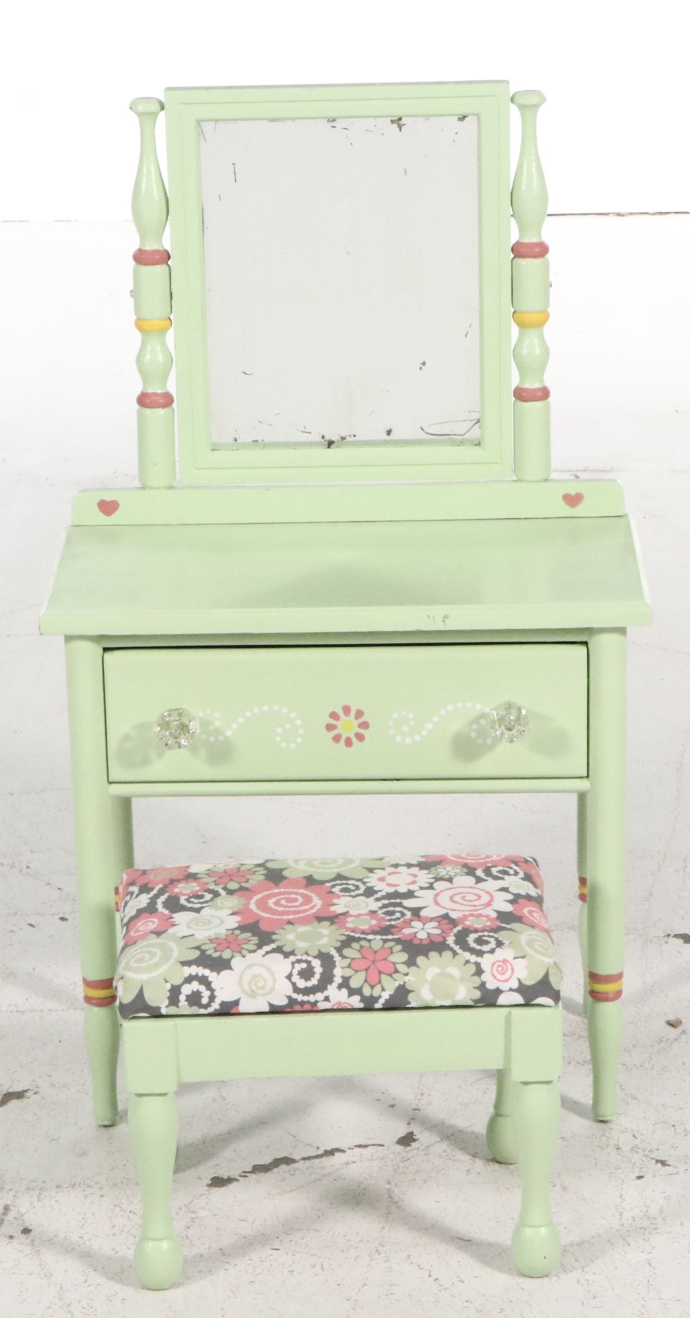 Child-Size Paint-Decorated Wood Vanity with Mirror and Matching Stool