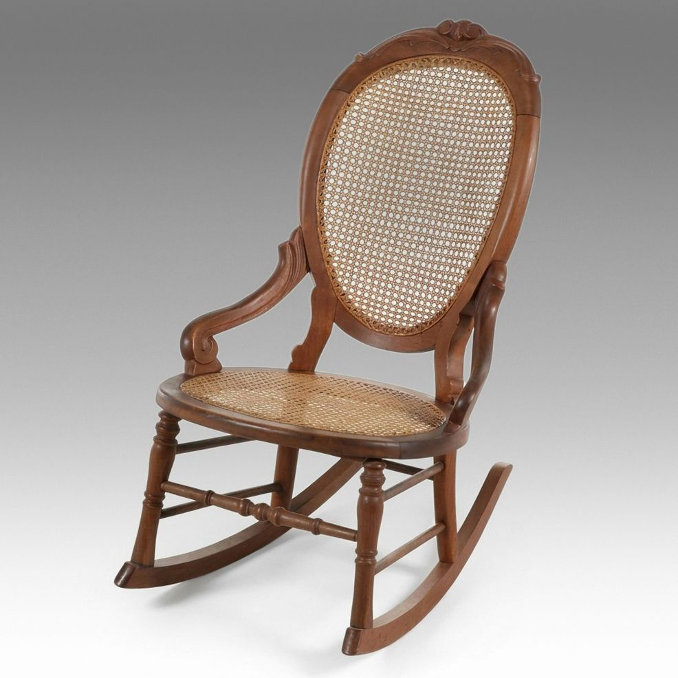 Victorian Walnut Rocking Chair with Caned Seat and Back, Late 19th Century