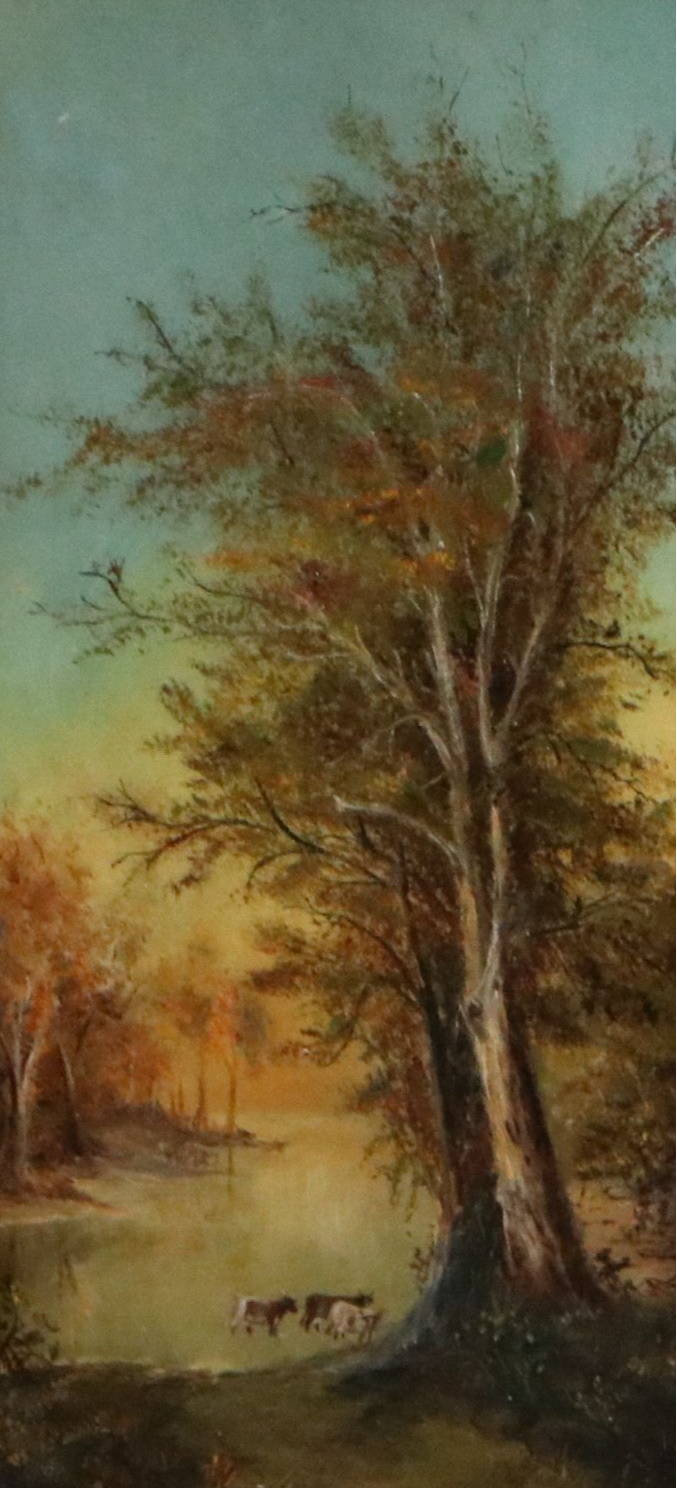 Hudson River School Oil Painting of Cows Wading in Tree-Lined Creek