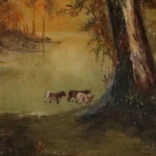 Hudson River School Oil Painting of Cows Wading in Tree-Lined Creek