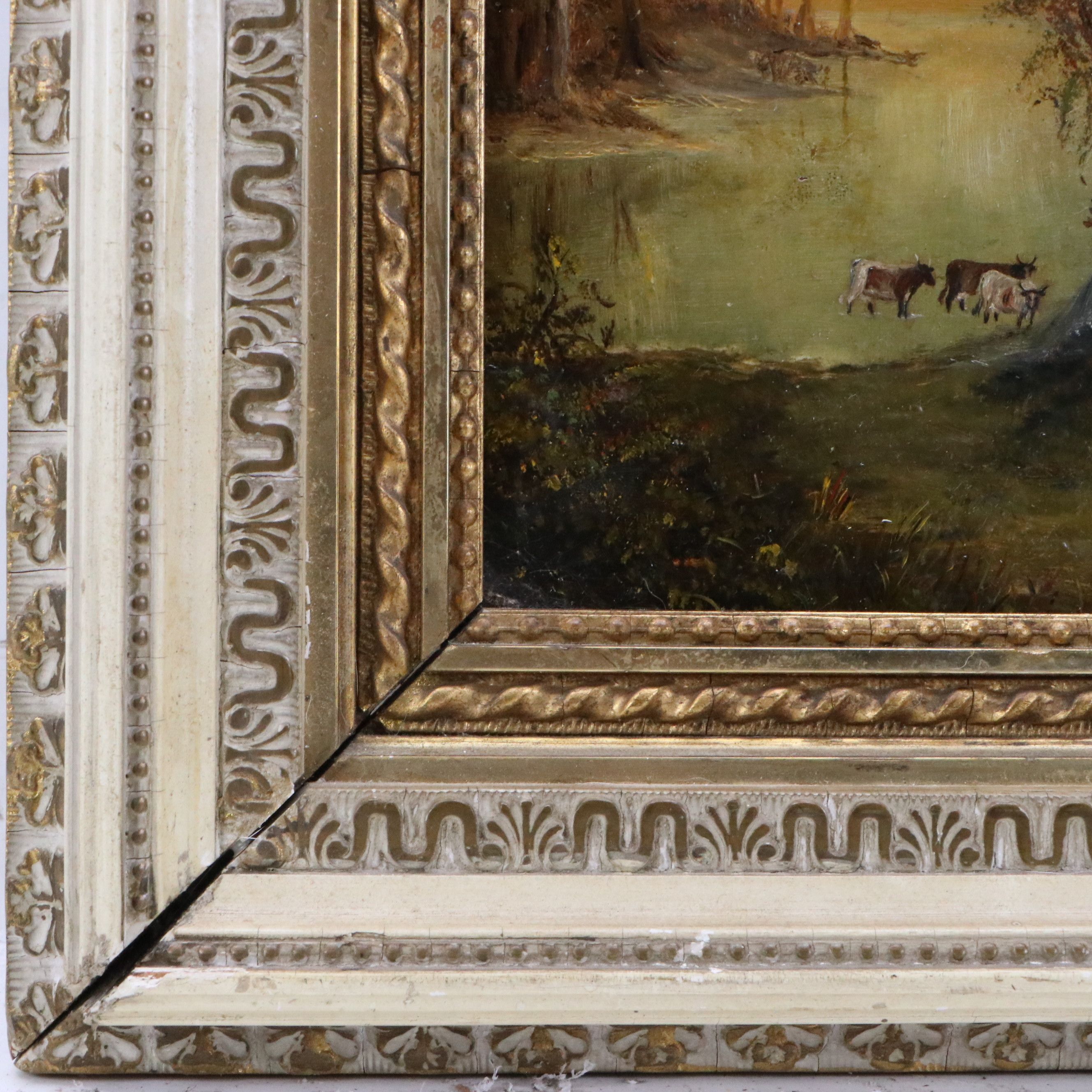 Hudson River School Oil Painting of Cows Wading in Tree-Lined Creek