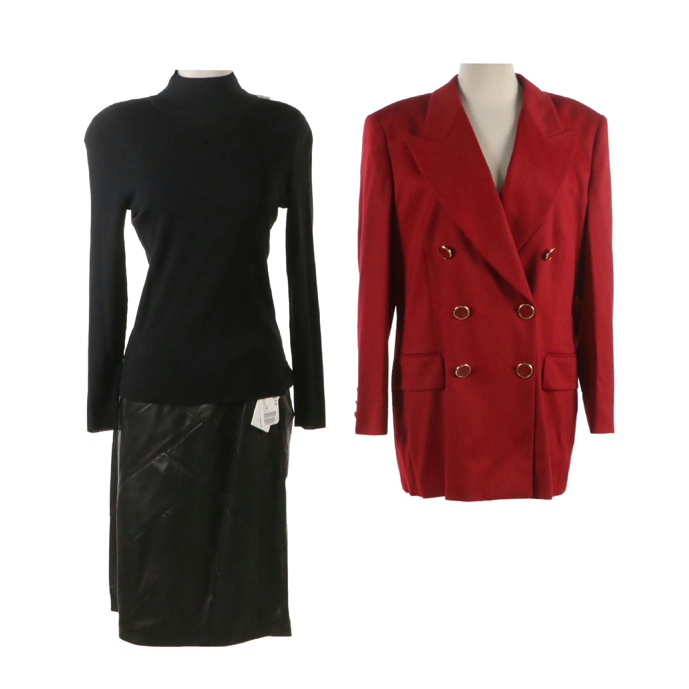 Escada Double-Breasted Blazer in Piacenza Cashgorissimo, Leather Skirt, Knit Top