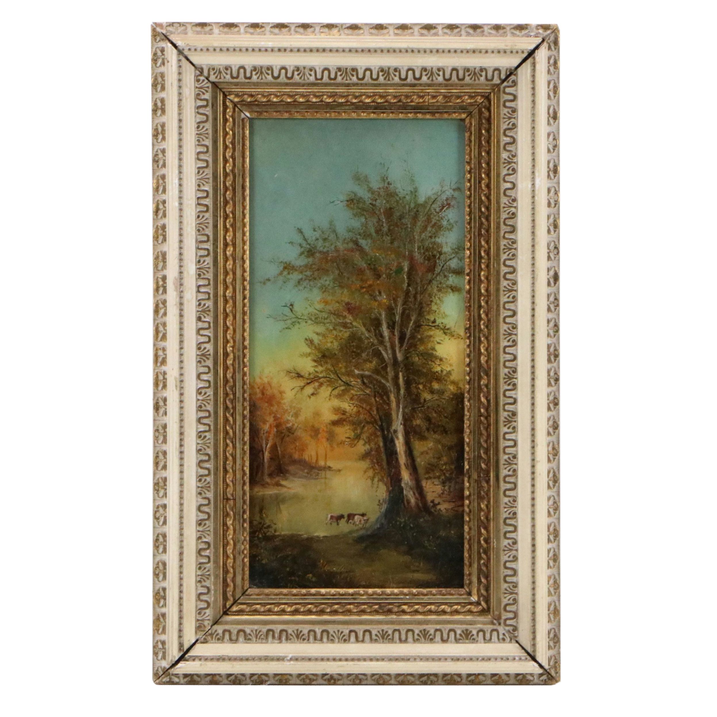 Hudson River School Oil Painting of Cows Wading in Tree-Lined Creek
