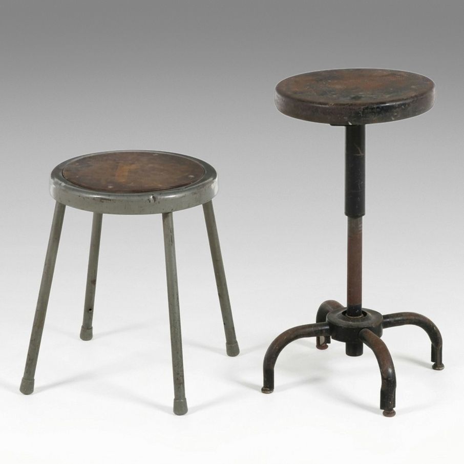 Two Industrial Metal Workshop Stools, Mid-20th Century
